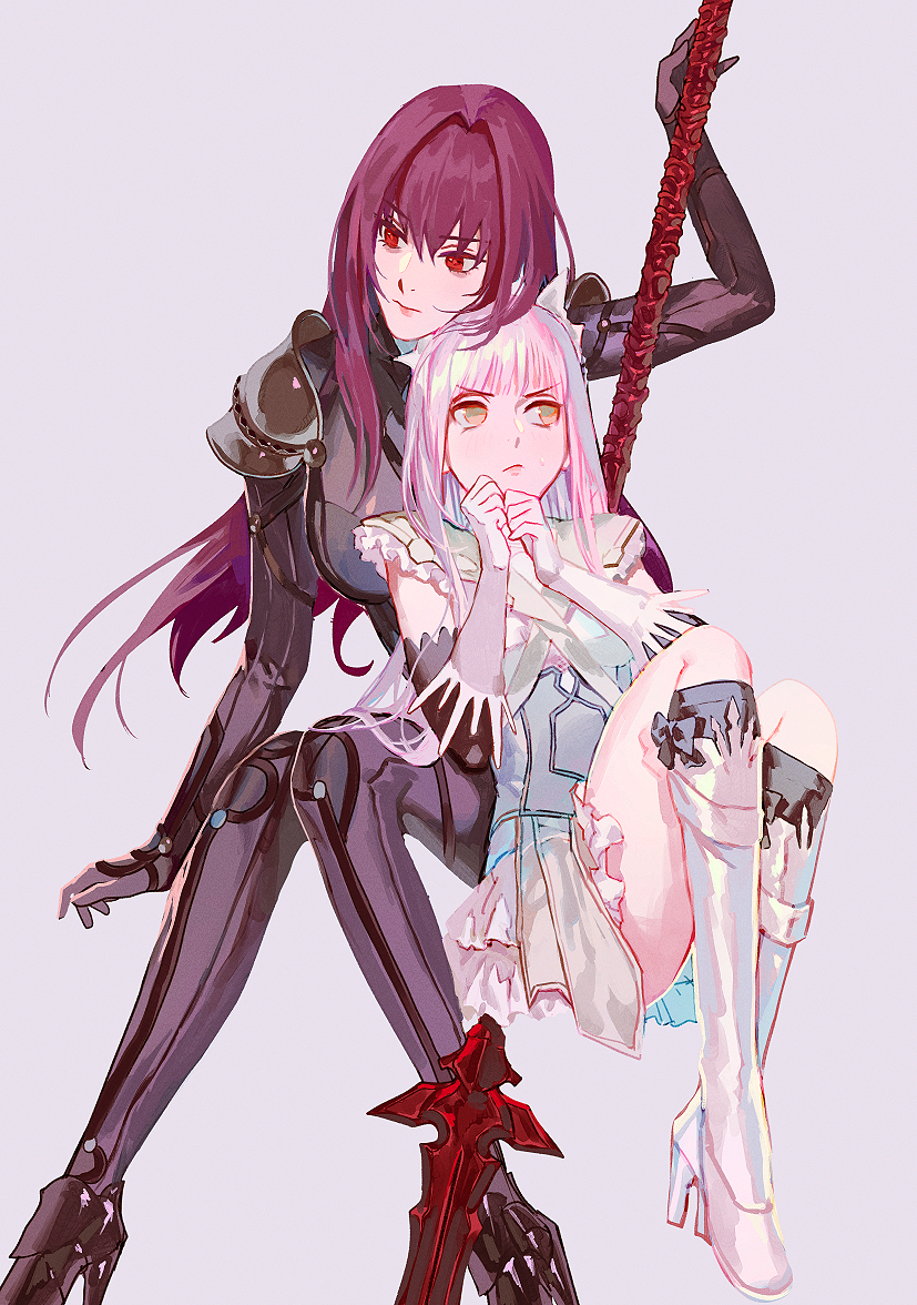 2girls armor black_bodysuit black_sleeves bodysuit boots brown_hair closed_mouth daeraeband detached_sleeves dress fate/grand_order fate_(series) gae_bolg_(fate) grey_background hair_intakes high_heel_boots high_heels layered_dress long_hair long_sleeves medb_(fate) multiple_girls pink_hair red_eyes scathach_(fate) short_dress shoulder_armor simple_background sitting sleeveless sleeveless_dress very_long_hair white_dress white_footwear yellow_eyes