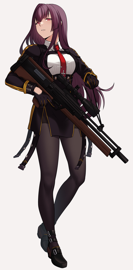 1girl bbk_(13zk) black_footwear black_gloves black_pantyhose black_skirt breasts bullpup framed_breasts full_body girls_frontline gloves gun hair_ribbon half_updo high-waist_skirt holding holding_gun holding_weapon large_breasts long_hair necktie pantyhose purple_hair red_eyes red_necktie ribbon rifle shoes skirt sniper_rifle solo wa2000_(girls'_frontline) walther walther_wa_2000 weapon