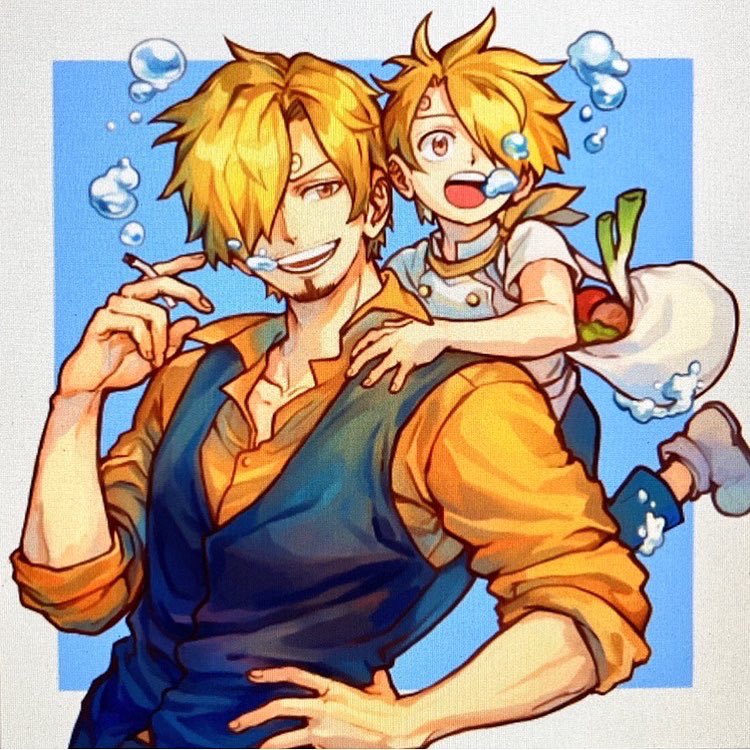 2boys age_comparison air_bubble aokamei bag black_vest blonde_hair bubble child cigarette collared_shirt facial_hair goatee hair_over_one_eye male_focus multiple_boys one_piece onion sanji_(one_piece) shirt shopping_bag short_hair smile smoking time_paradox underwater upper_body vest younger