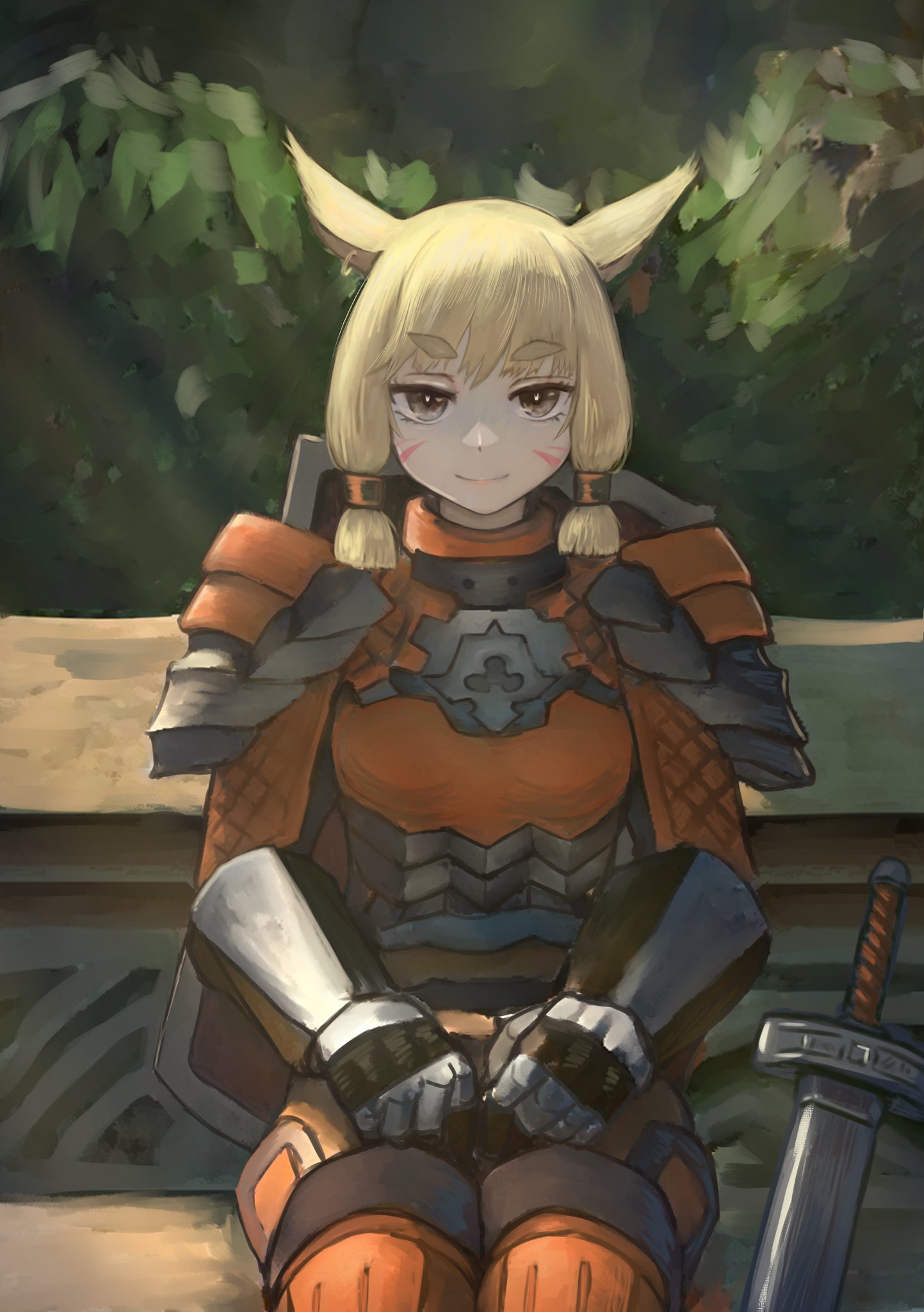 1girl animal_ears armor avatar_(ff14) blonde_hair blunt_ends breasts brown_eyes cat_ears facial_mark final_fantasy final_fantasy_xiv gauntlets highres miqo'te nito_(nshtntr) shield sidelocks sitting small_breasts smile solo sword thick_eyebrows weapon whisker_markings
