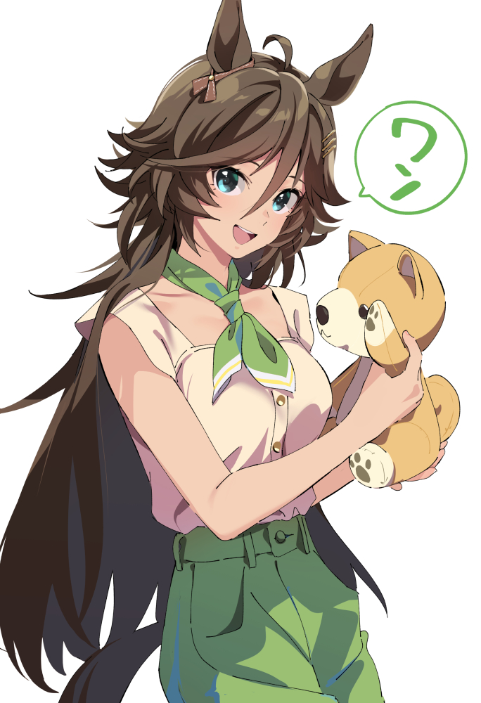 1girl ahoge animal_ears bangs bare_arms breasts brown_hair buttons green_eyes green_neckerchief green_pants hair_between_eyes hair_ornament hairclip holding holding_stuffed_toy horse_ears horse_girl horse_tail long_hair looking_at_viewer misu_kasumi mr._c.b._(umamusume) neckerchief open_mouth pants shirt shirt_tucked_in simple_background sleeveless sleeveless_shirt small_breasts smile solo speech_bubble stuffed_animal stuffed_dog stuffed_toy tail translation_request umamusume upper_body white_background