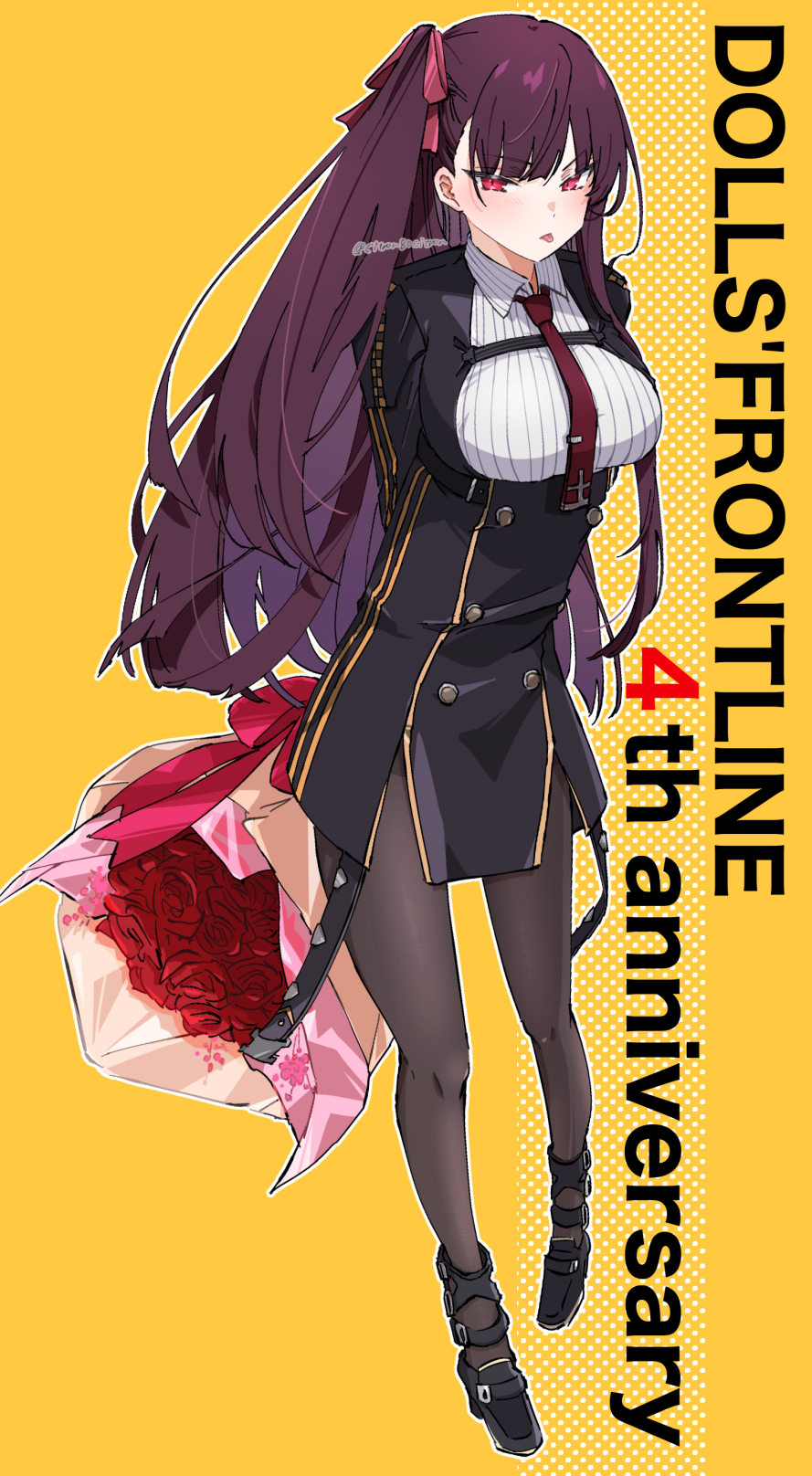 1girl arms_behind_back black_footwear black_hair black_skirt bouquet citron80citron framed_breasts full_body girls_frontline hair_ribbon half_updo highres holding holding_bouquet long_hair necktie one_side_up pantyhose red_eyes red_necktie ribbon skirt standing tachi-e thighband_pantyhose tongue tongue_out wa2000_(girls'_frontline)