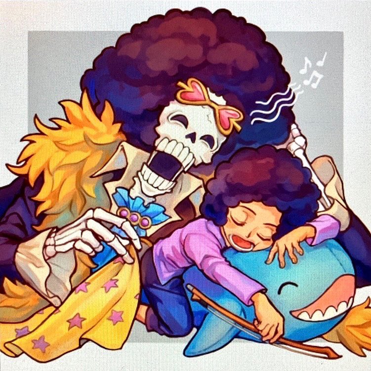 2boys ^_^ afro age_comparison aokamei ascot black_hair brook_(one_piece) child closed_eyes collared_shirt fur_trim male_child male_focus multiple_boys one_piece purple_shirt shirt short_hair skeleton sleeping smile stuffed_animal stuffed_shark stuffed_toy sunglasses time_paradox younger