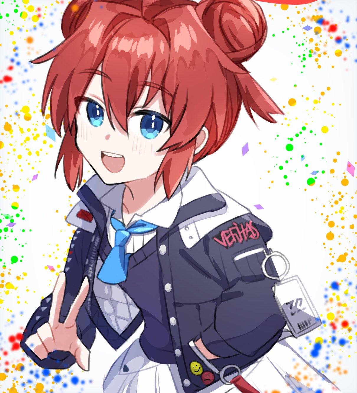 1girl :d ahoge badge bangs blue_archive blue_eyes blue_necktie double_bun hair_bun hand_in_pocket highres id_card jacket light_blush long_sleeves looking_at_viewer maki_(blue_archive) mikakunin multicolored_background necktie open_mouth short_hair skirt smile smiley_face solo sweater_vest w