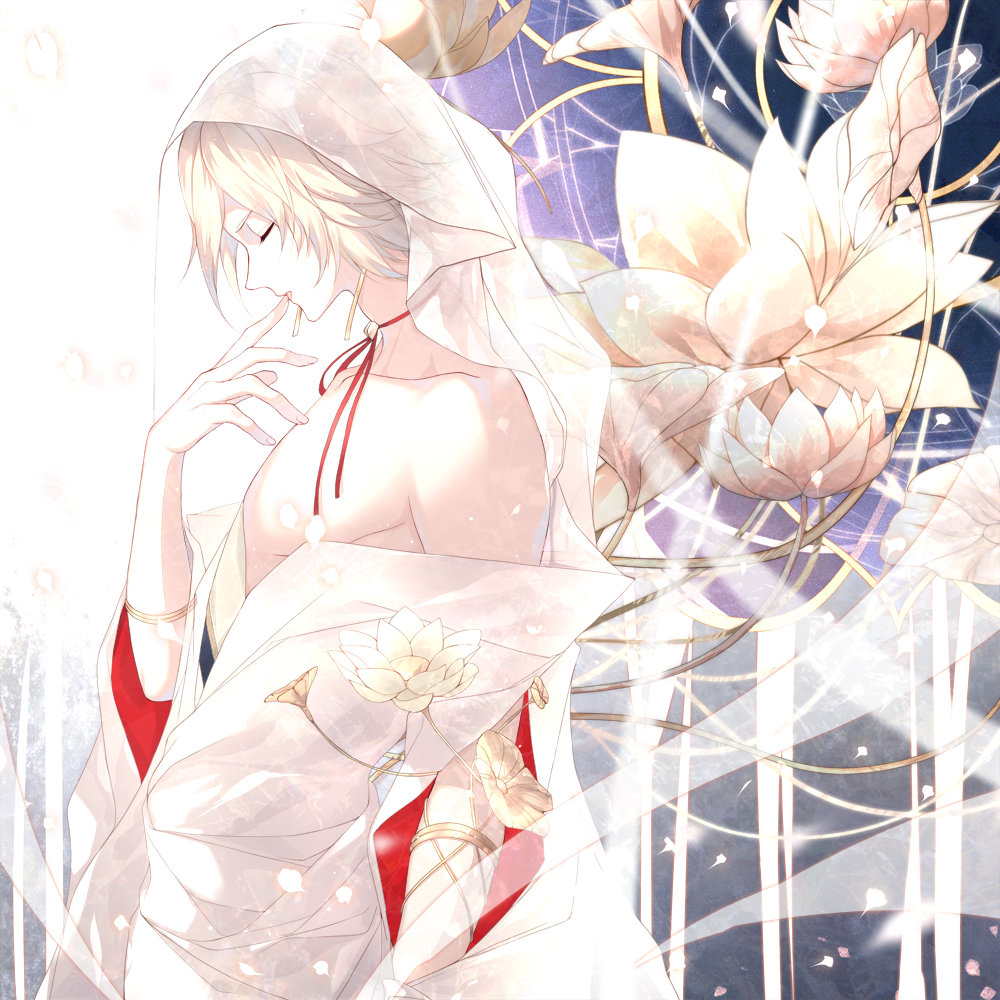 1boy aquasirius bare_pectorals bishounen blonde_hair closed_eyes earrings finger_to_mouth flower from_side japanese_clothes jewelry lotus lotus_earrings lotus_hair_ornament male_focus onmyoji pectorals profile short_hair silk solo string_choker taishakuten_(onmyoji) veil