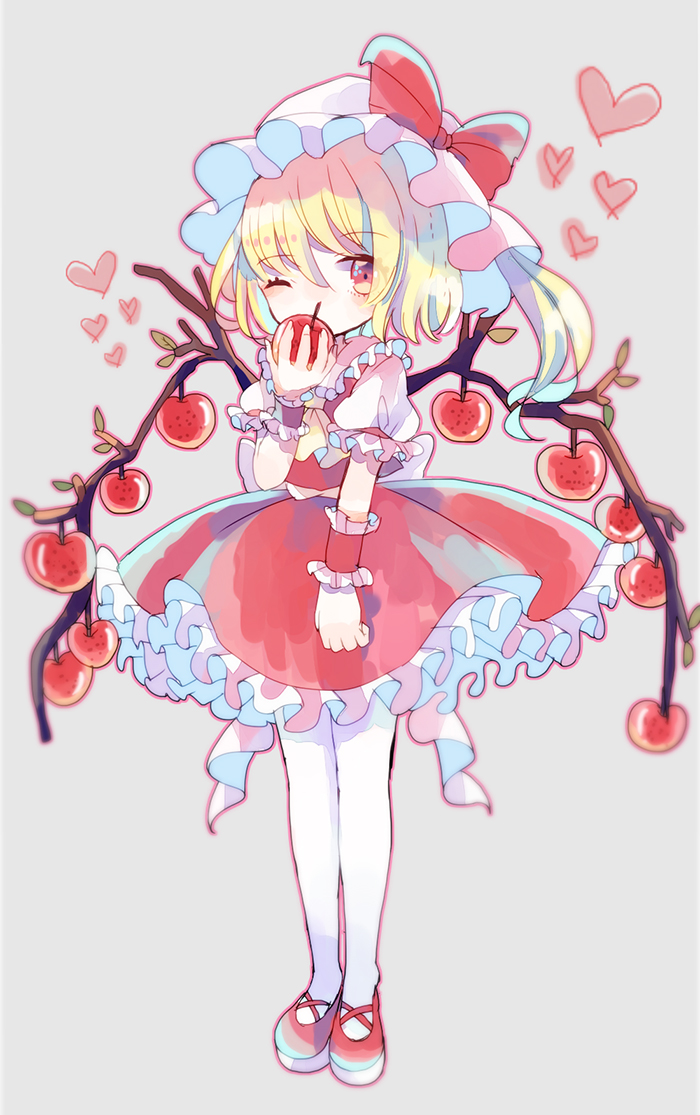 1girl ascot back_bow blonde_hair bow collared_shirt commentary_request crystal flandre_scarlet food frilled_shirt_collar frilled_skirt frilled_sleeves frills fruit full_body grey_background hat hat_bow heart hiyuu_(hiyualice) holding holding_food holding_fruit looking_at_viewer mary_janes medium_hair mob_cap one_eye_closed one_side_up puffy_short_sleeves puffy_sleeves red_bow red_eyes red_footwear red_ribbon red_skirt red_vest ribbon shirt shoes short_sleeves skirt skirt_set solo standing thigh-highs touhou vest white_bow white_headwear white_shirt white_thighhighs wings wrist_cuffs yellow_ascot