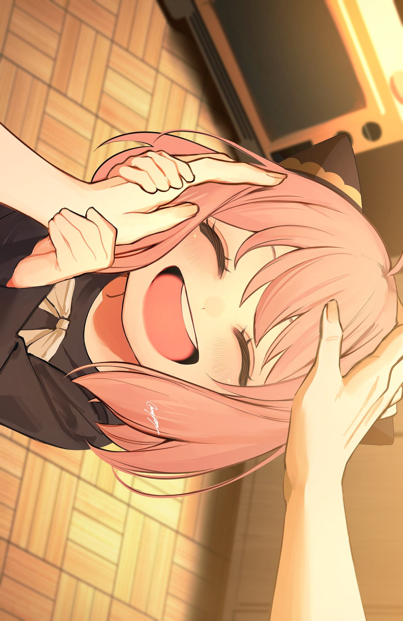 1girl 1other ^_^ ahoge anya_(spy_x_family) artist_name child closed_eyes commentary_request facing_viewer female_child hairpods hands_on_another's_head happy headpat highres long_sleeves mugi_oyasumi open_mouth pink_hair pov pov_hands short_hair sideways signature spy_x_family teeth upper_teeth