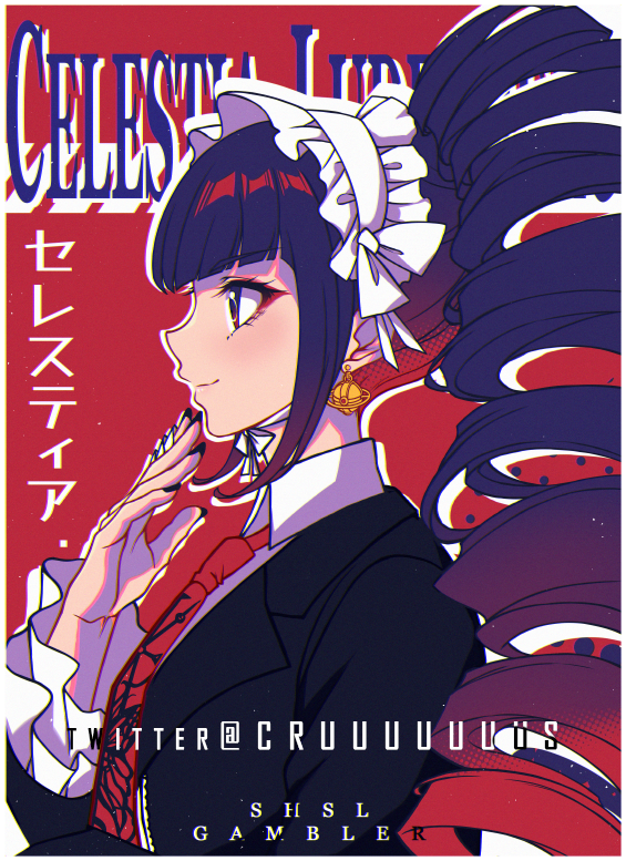 1girl artist_name bangs black_hair black_nails bonnet celestia_ludenberg commentary criis-chan danganronpa:_trigger_happy_havoc danganronpa_(series) drill_hair earrings frills from_side gothic_lolita jacket jewelry lolita_fashion long_hair long_sleeves nail_polish necktie profile red_eyes red_necktie smile solo translation_request twin_drills twintails