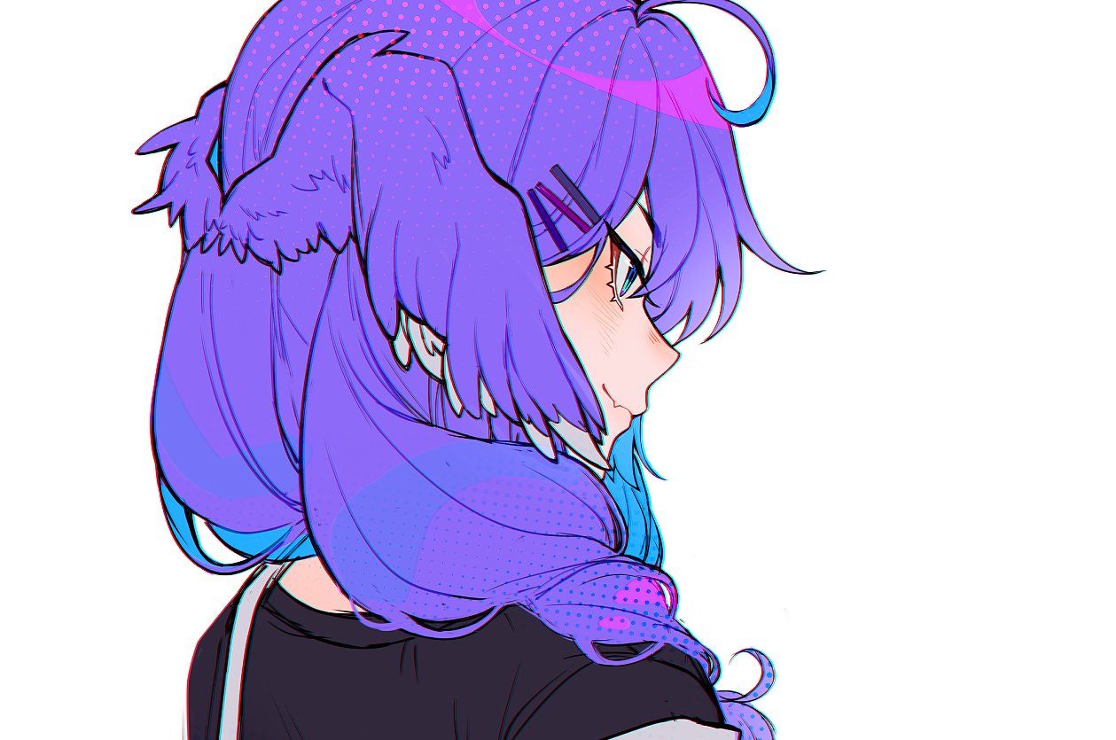 1girl black_sweater blue_eyes blush braid fang fang_out from_side hair_ornament hairclip head_wings nijisanji nijisanji_en purple_hair savi_(byakushimc) selen_tatsuki skin_fang smile solo sweater twin_braids twintails virtual_youtuber white_background