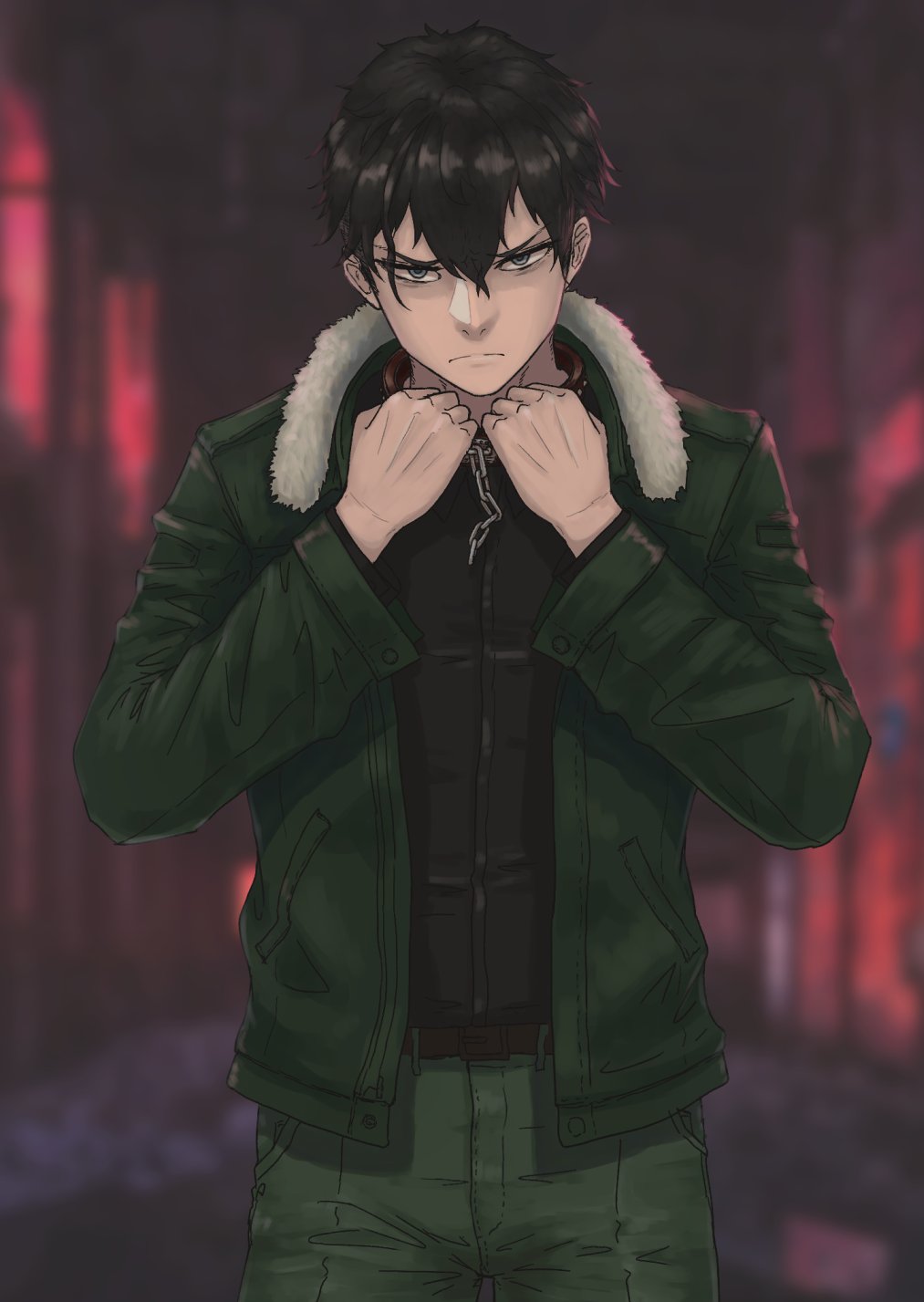 1boy belt black_hair blurry chain collar commentary_request depth_of_field eyebrows_hidden_by_hair frown green_jacket green_pants grey_eyes hair_between_eyes highres jacket male_focus nito_(nshtntr) original pants serious solo upper_body