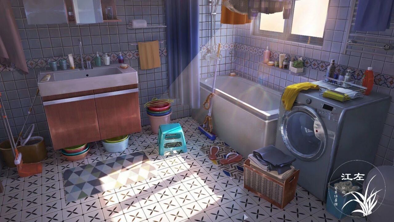 basket bathtub bottle bucket chinese_commentary commentary_request curtains detergent faucet flip-flops indoors laundry laundry_basket light_rays no_humans original rug sandals scenery shadow shampoo_bottle shelf shower_(place) shower_curtain sink soap_bottle sunlight tile_floor tile_wall tiles toilet towel trash_can washing_machine window xingzhi_lv