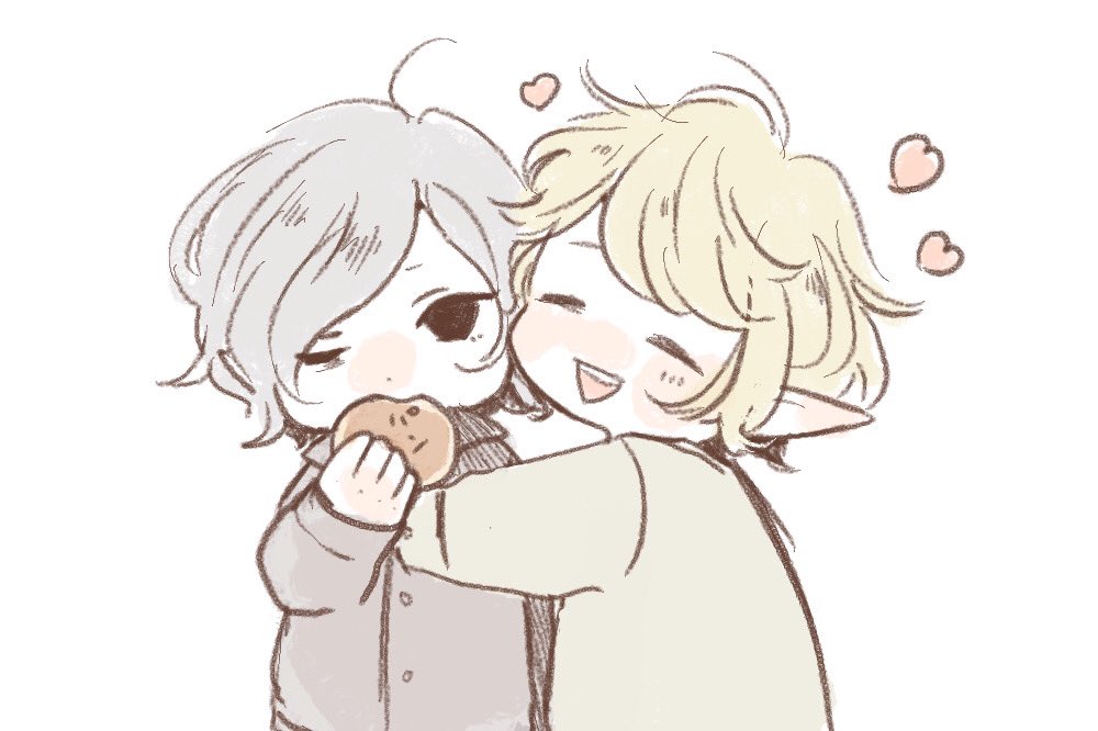 2boys ^_^ affectionate blonde_hair blush cheek-to-cheek chibi closed_eyes dungeon_meshi eating elf food grey_hair hand_up happy heads_together heart holding holding_food long_sleeves looking_at_viewer male_focus mithrun mithrun's_brother multiple_boys pajamas pointy_ears r06ku short_hair simple_background uneven_eyes upper_body white_background