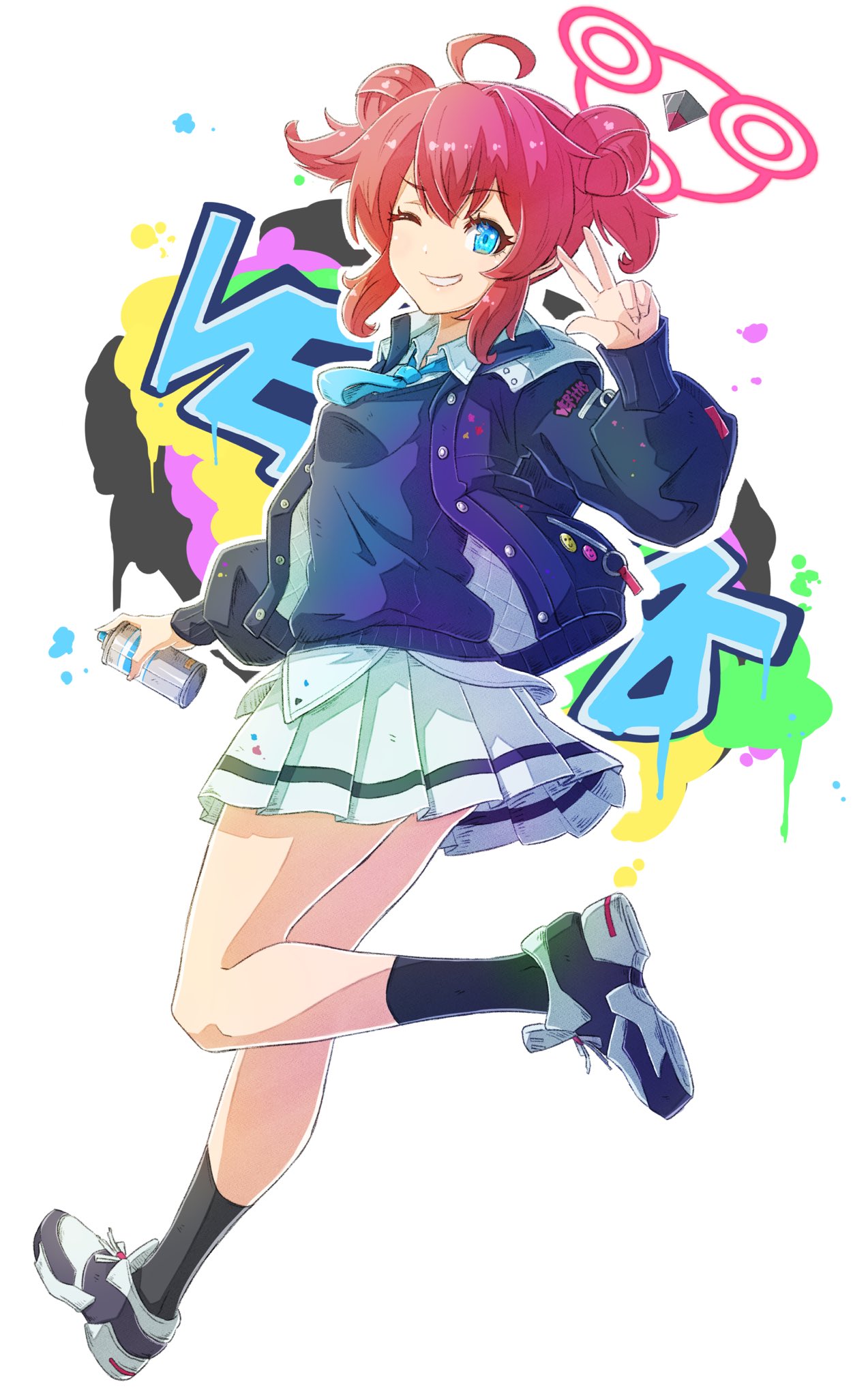 1girl ahoge alice_usanomiya blue_archive blue_eyes double_bun graffiti hair_bun halo highres jacket looking_at_viewer maki_(blue_archive) necktie one_eye_closed redhead shoes skirt sneakers solo spray_can spray_paint sweater_vest w