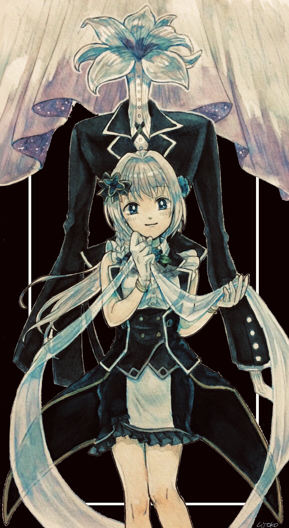 1girl 1other bangs black_background black_necktie black_ribbon black_suit blue_bow blue_coat blue_eyes blue_flower blue_rose blue_skirt blush border bow braid broad_shoulders buttons coat collared_shirt cross_tie curtains doppel_(madoka_magica) feet_out_of_frame flower formal frilled_skirt frills gloves grey_hair hair_flower hair_intakes hair_ornament hair_ribbon hand_up highres holding_shawl jabot lapels long_arms long_hair long_sleeves looking_at_viewer magia_record:_mahou_shoujo_madoka_magica_gaiden magical_girl mahou_shoujo_madoka_magica narrow_waist necktie notched_lapels object_head outside_border ponytail ribbon rose shawl shirt side_braid sidelocks signature single_braid skirt smile suit tailcoat totentanz_(madoka_magica) translucent uwded_207 white_border white_gloves white_shawl white_shirt yakumo_mitama