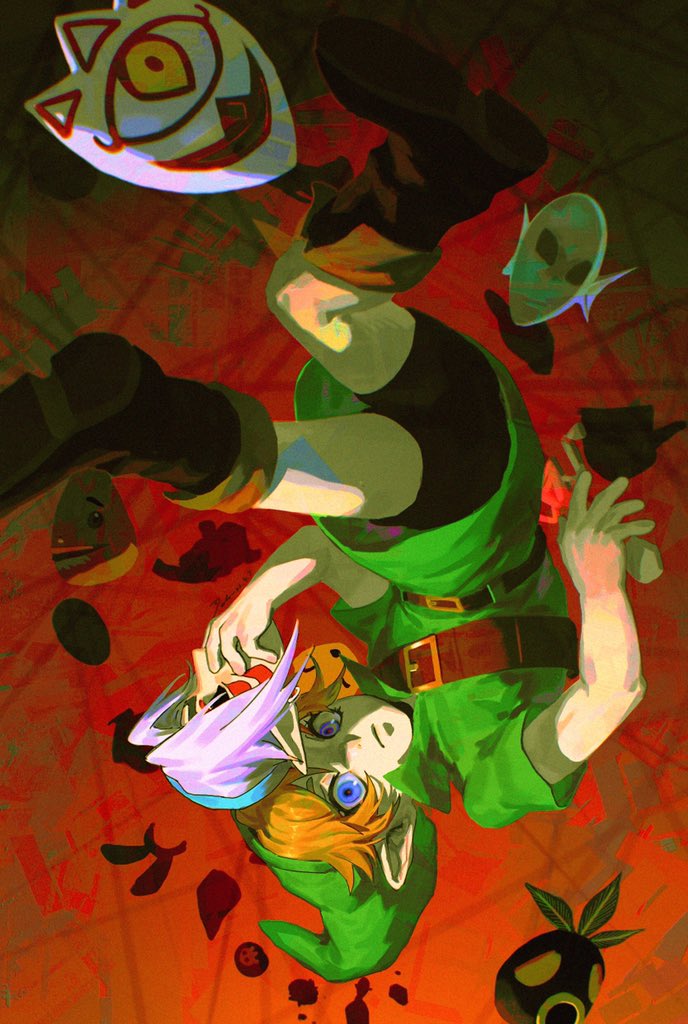 1boy bangs belt black_shorts blonde_hair blue_eyes boots brown_footwear dele14375735 fierce_deity full_body green_headwear green_tunic hat holding holding_mask link looking_at_viewer male_focus mask parted_bangs pointy_ears red_background short_hair short_sleeves shorts shoulder_belt the_legend_of_zelda the_legend_of_zelda:_majora's_mask upside-down wide-eyed young_link