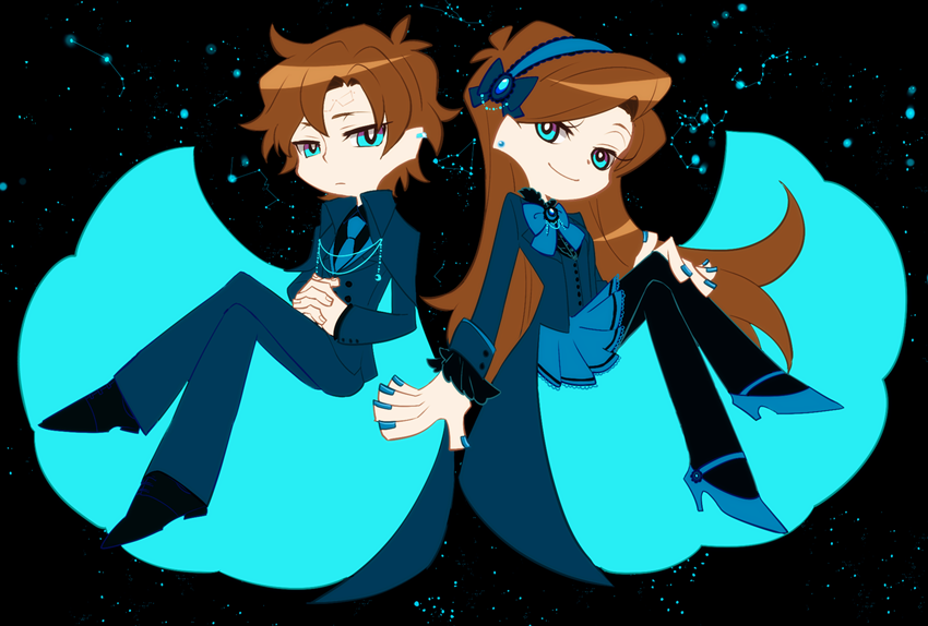 1boy 1girl akikurokawa aqua_eyes black_background black_footwear black_pantyhose black_shirt blue_bow blue_bowtie blue_footwear blue_gemstone blue_jacket blue_nails blue_necktie blue_pants blue_skirt bow bowtie brooch brother_and_sister brown_hair cape chibi constellation crescent crescent_pin crossed_legs dipper_gleeful dipper_pines earrings eyelashes facial_mark floating forehead_mark frilled_shirt_collar frilled_sleeves frills frown full_body gem gravity_falls hair_bow hand_on_another's_knee hands_on_own_stomach high_heels interlocked_fingers invisible_chair jacket jewelry long_hair long_sleeves mabel_gleeful mabel_pines miniskirt necktie own_hands_together pants panty_&amp;_stocking_with_garterbelt pantyhose parody pleated_skirt shirt shoes short_hair siblings sitting skirt smile twins two-sided_cape two-sided_fabric very_long_hair