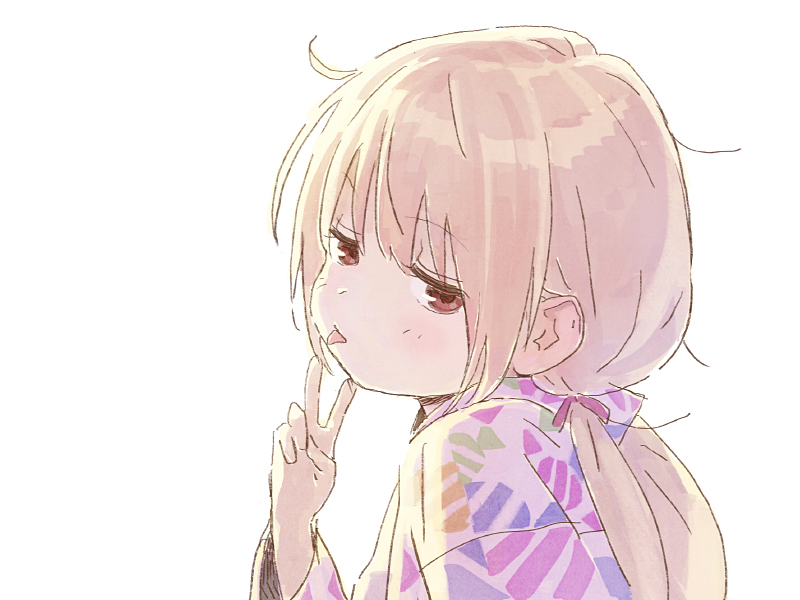 1girl :p ahoge backlighting bangs blonde_hair brown_eyes closed_mouth from_behind futaba_anzu hair_behind_ear half-closed_eyes hand_up idolmaster idolmaster_cinderella_girls japanese_clothes kimono long_hair long_sleeves looking_at_viewer looking_back low_twintails matsuo_yuusuke negative_space print_kimono simple_background solo sunlight tongue tongue_out twintails unkempt upper_body v white_background wide_sleeves yukata