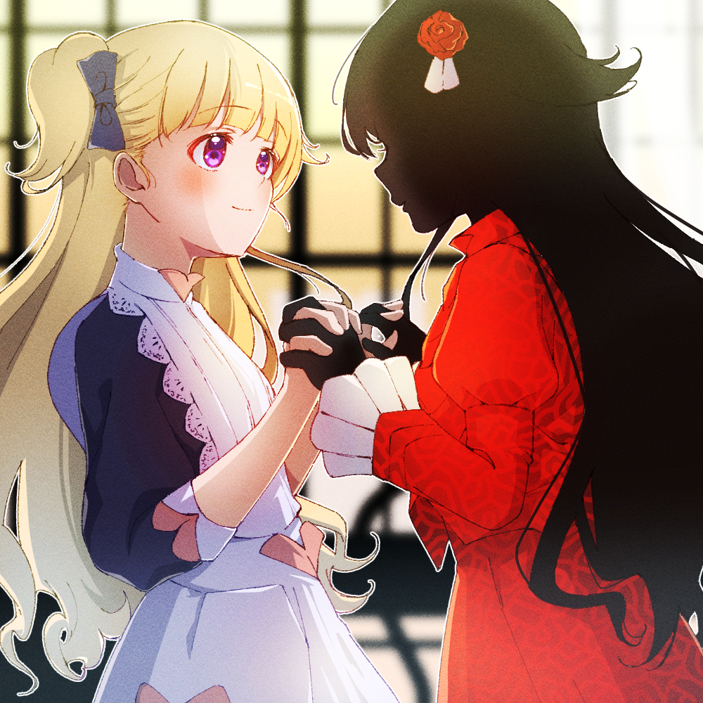 2girls apron backlighting bangs black_dress black_hair black_skin blonde_hair blue_bow blunt_bangs blush bow closed_mouth colored_skin commentary cruzango0510 dress emilico_(shadows_house) eye_contact face-to-face flower from_side hair_bow hair_flower hair_ornament holding_hands interlocked_fingers juliet_sleeves kate_(shadows_house) long_hair long_sleeves looking_at_another multiple_girls puffy_sleeves red_dress red_flower red_rose rose shadow_(shadows_house) shadows_house smile twintails two_side_up upper_body violet_eyes white_apron yuri