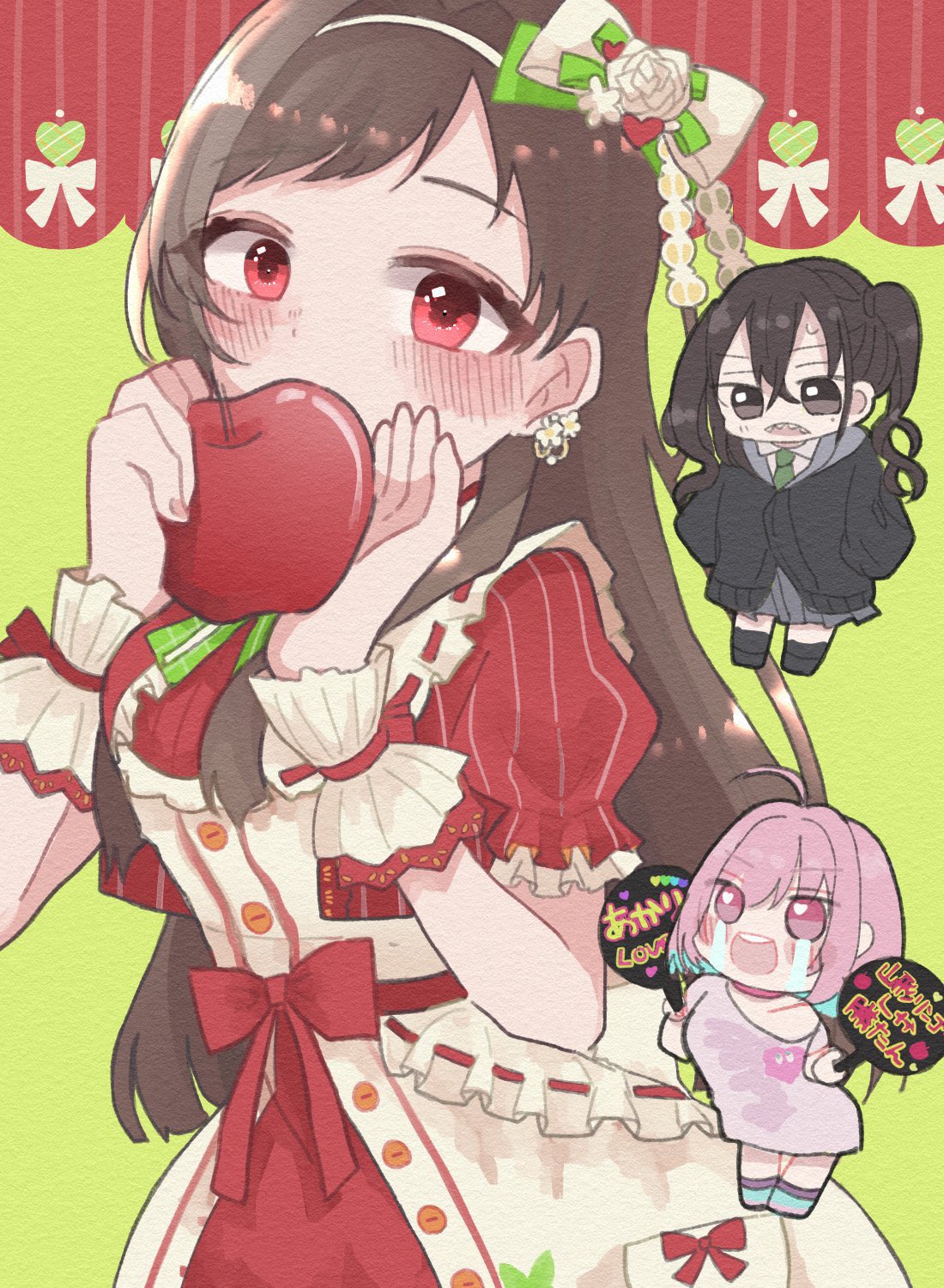 #lookingforaunitname_(idolmaster) 3girls apple blunt_ends blush brown_hair chibi chibi_inset covered_mouth earrings flower_earrings food fruit highres holding holding_food holding_fruit idolmaster idolmaster_cinderella_girls jewelry long_hair looking_at_viewer multiple_girls puffy_short_sleeves puffy_sleeves red_eyes short_sleeves si_pya solo_focus sunazuka_akira tsujino_akari two-tone_dress wrist_cuffs yumemi_riamu