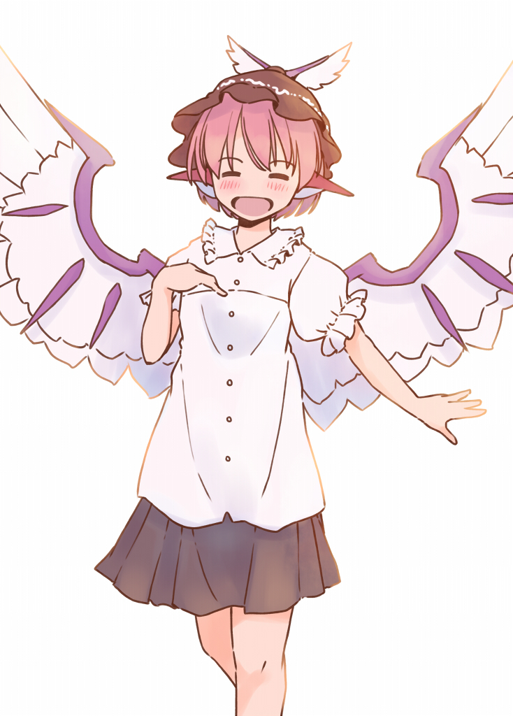 1girl animal_ears bird_ears bird_wings blush brown_headwear brown_skirt buttons closed_eyes collared_shirt feet_out_of_frame frilled_sleeves frills hat mystia_lorelei open_mouth pink_hair pleated_skirt puffy_short_sleeves puffy_sleeves rangycrow shirt short_hair short_sleeves simple_background skirt smile solo touhou white_background white_shirt white_wings winged_hat wings