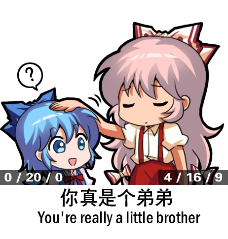 2girls ? blue_bow blue_dress blue_eyes blue_hair bow chinese_text cirno closed_eyes closed_mouth collared_shirt dress english_text fujiwara_no_mokou hair_between_eyes hair_bow jokanhiyou long_hair lowres motion_lines multiple_girls open_mouth pants puffy_short_sleeves puffy_sleeves red_pants shirt short_hair short_sleeves simple_background simplified_chinese_text smile spoken_question_mark suspenders touhou white_background white_bow white_hair white_shirt