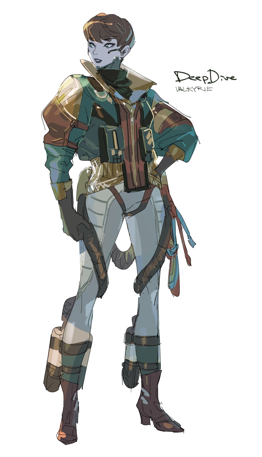 1girl alternate_costume alternate_hair_color alternate_skin_color apex_legends black_footwear black_gloves blue_jacket blue_skin boots brown_hair clenched_hand colored_skin gloves hand_on_hip highres jacket looking_to_the_side pants sketch solo standing thundergotch valkyrie_(apex_legends) white_background white_pants