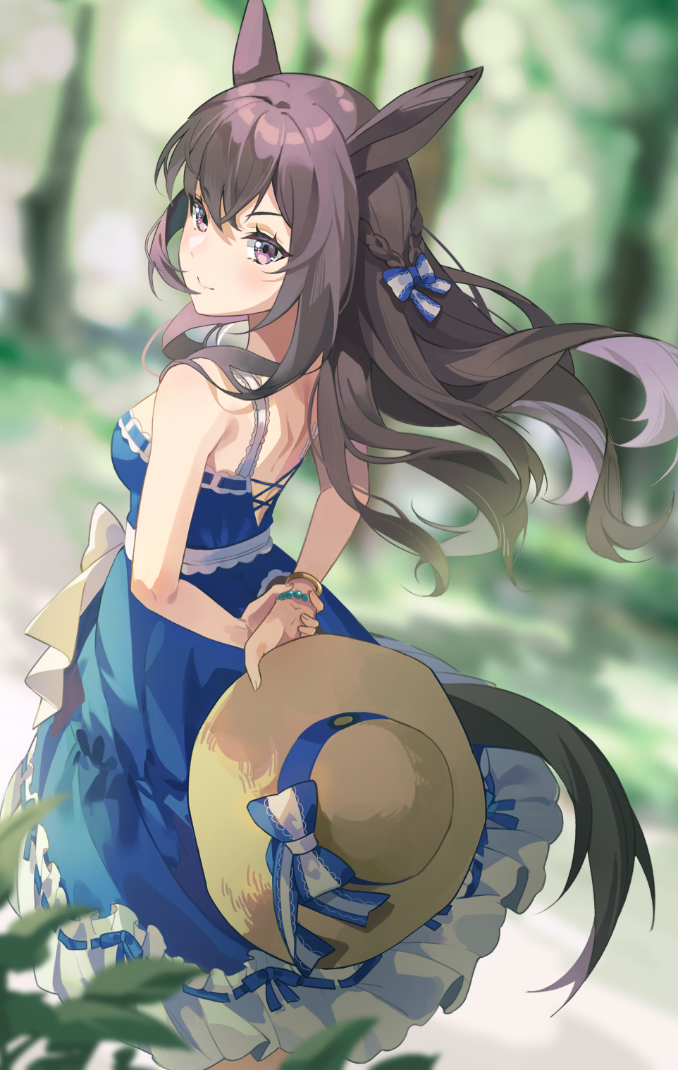 1girl animal_ears arms_behind_back blue_dress bracelet braid brown_hair dress from_behind hat highres holding holding_clothes holding_hat horse_ears horse_girl horse_tail hoshiko_(419401x) jewelry long_hair looking_to_the_side mejiro_dober_(umamusume) mejiro_dober_(vacation_safir)_(umamusume) official_alternate_costume seek_solve_summer_walk!_(umamusume) sleeveless sleeveless_dress solo straw_hat tail umamusume violet_eyes