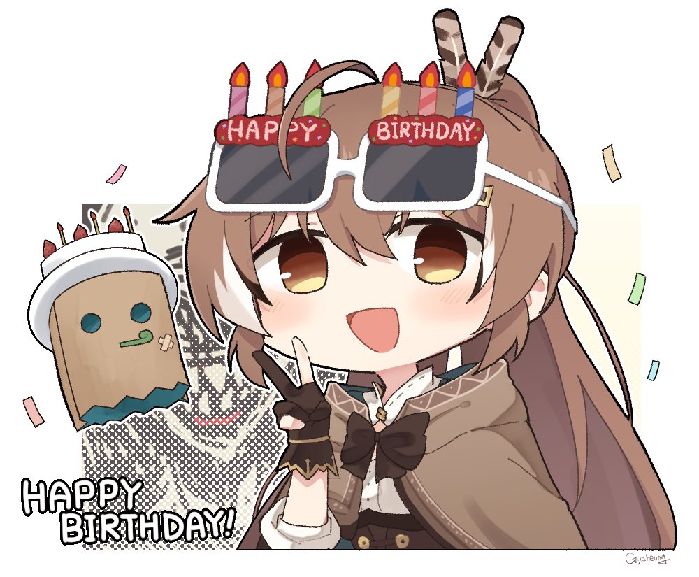 1girl :d ahoge bangs birthday brown_capelet brown_cloak brown_corset brown_eyes brown_hair cake_hat capelet cloak confetti corset english_text eyewear_on_head feather_hair_ornament feathers friend_(nanashi_mumei) funny_glasses glasses gloves gyaheung hair_ornament hairclip happy_birthday hololive hololive_english long_hair looking_at_viewer multicolored_hair nanashi_mumei nanashi_mumei's_horror_painting partially_fingerless_gloves party_whistle ponytail ribbon shirt smile streaked_hair v very_long_hair virtual_youtuber white_shirt