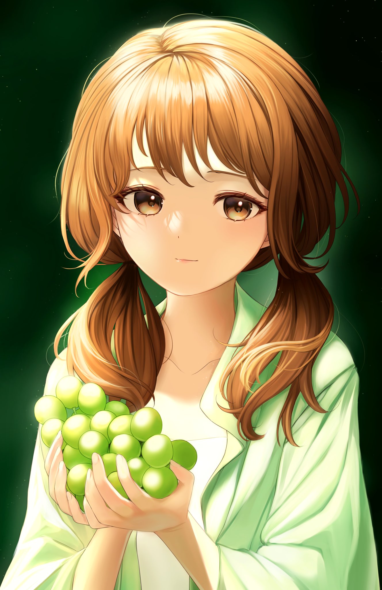 1girl bangs brown_eyes brown_hair closed_mouth collarbone english_commentary eyelashes food fruit grapes green_jacket hair_between_eyes hair_over_shoulder hands_up highres holding holding_food holding_fruit jacket light_particles light_smile long_sleeves looking_at_viewer medium_hair open_clothes open_jacket original photo-referenced pomeo_dayo shirt sidelocks smile solo twintails upper_body white_shirt