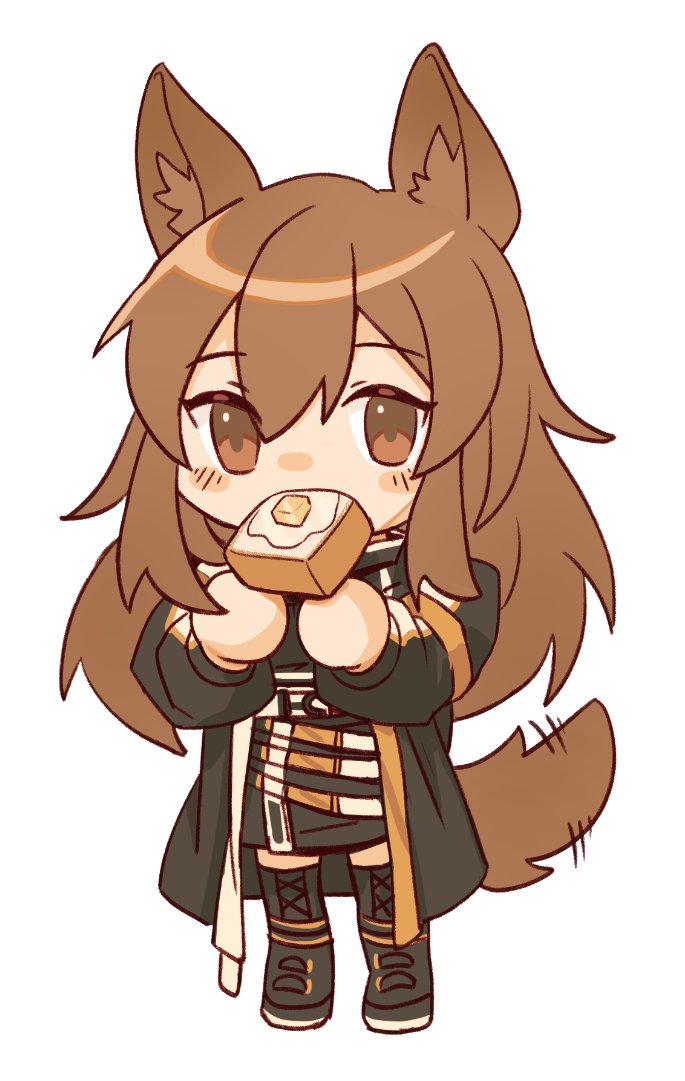 1girl animal_ears arknights black_dress black_footwear black_jacket blush boots brown_hair ceobe_(arknights) chibi dog_ears dog_girl dog_tail dress food food_in_mouth fried_egg full_body hair_between_eyes hands_up jacket long_hair long_sleeves looking_at_viewer mouth_hold open_clothes open_jacket simple_background skyregalias solo standing tail tail_wagging thigh_boots toast toast_in_mouth white_background