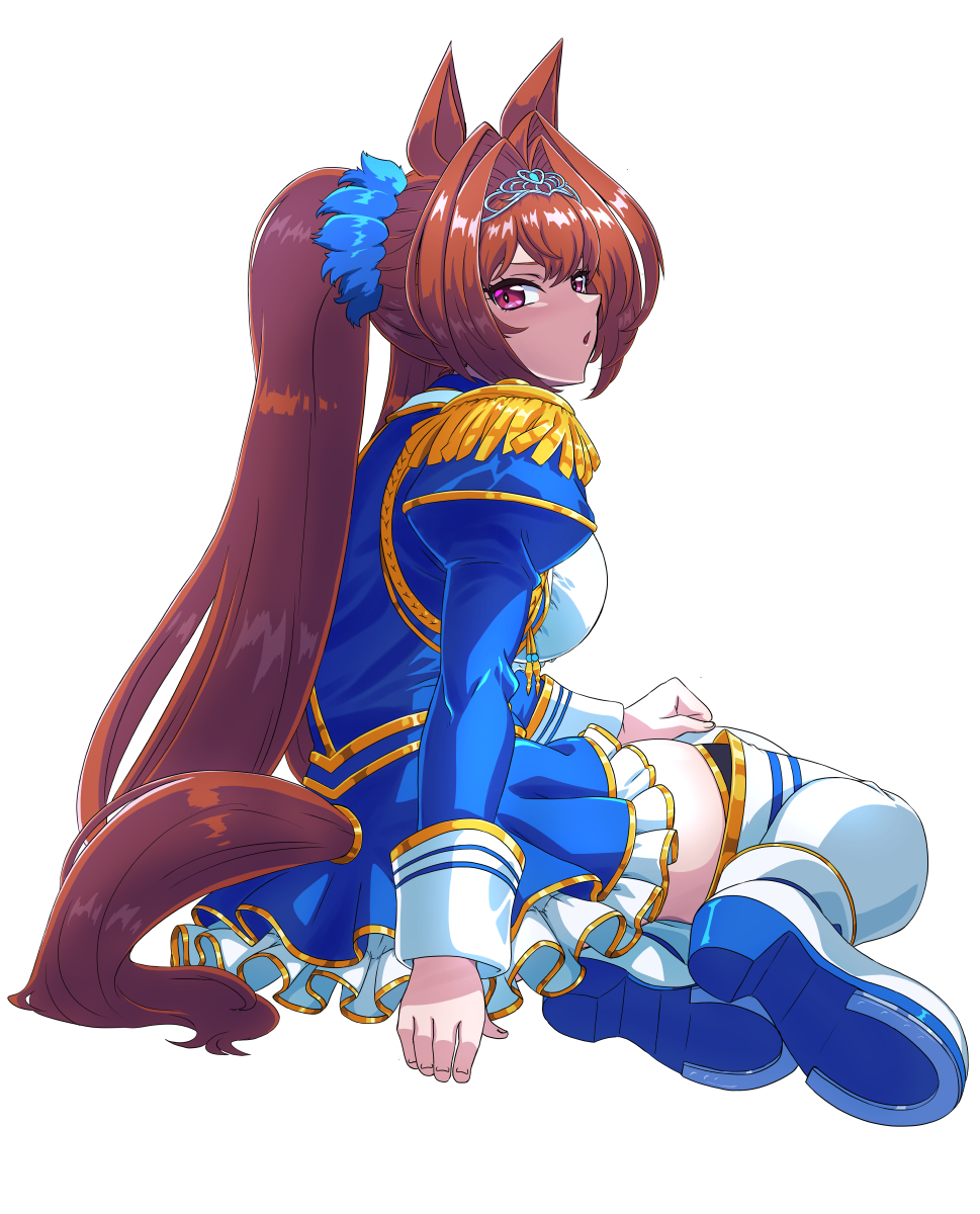 1girl :o animal_ears bangs blue_dress boots brown_hair crown daiwa_scarlet_(umamusume) dokozo_no_shirou dress full_body highres horse_ears horse_girl horse_tail horseshoe long_hair looking_at_viewer on_floor open_mouth shoe_soles simple_background sitting solo tail thigh_boots twintails umamusume violet_eyes white_background white_footwear