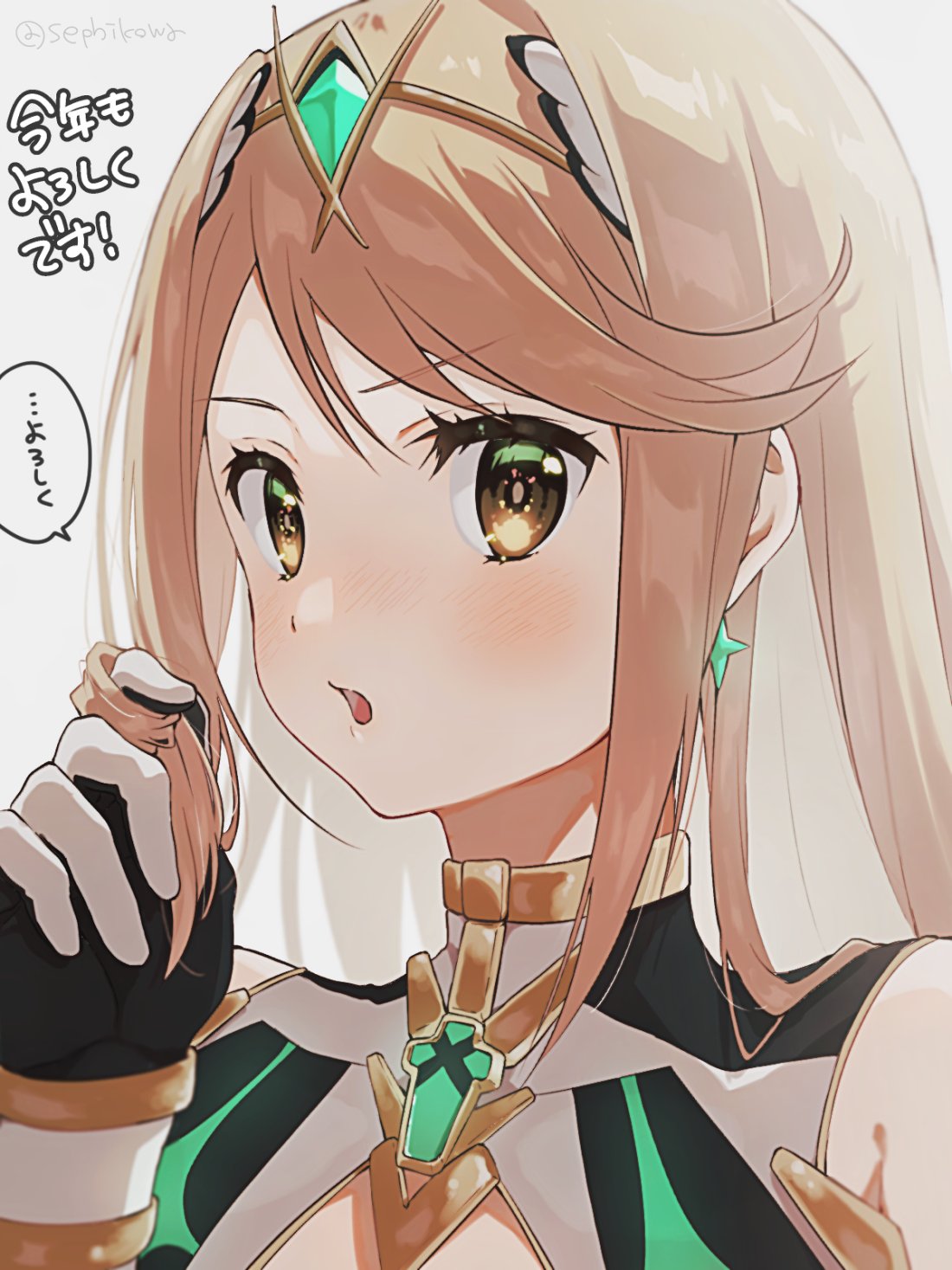 1girl bangs blonde_hair blush chest_jewel commentary_request earrings gloves grey_background hair_between_eyes hair_twirling headpiece highres jewelry long_hair looking_at_viewer mythra_(xenoblade) parted_lips portrait sephikowa simple_background solo speech_bubble tiara translation_request twitter_username xenoblade_chronicles_(series) xenoblade_chronicles_2 yellow_eyes