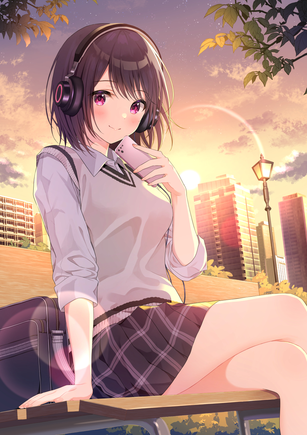 1girl bag bangs bench black_bag blue_skirt blush brown_hair building city closed_mouth clouds collared_shirt crossed_legs hand_up headphones highres holding holding_phone lamppost long_sleeves looking_at_viewer original outdoors phone pink_eyes plaid plaid_skirt pleated_skirt school_bag school_uniform shirt short_hair sitting skirt sky smile solo sunset vest white_shirt white_vest yatomi