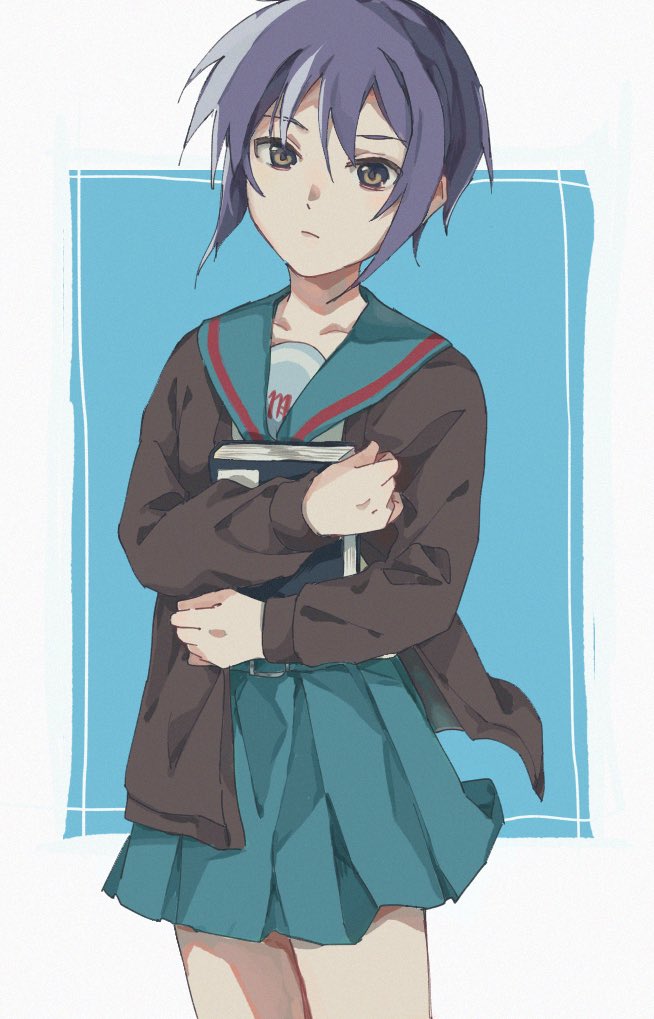 1girl bangs belt blue_belt blue_sailor_collar blue_skirt book book_hug brown_cardigan brown_eyes cardigan closed_mouth collarbone commentary_request enso_doraiba expressionless holding holding_book kita_high_school_uniform long_sleeves looking_at_viewer nagato_yuki object_hug open_cardigan open_clothes purple_hair red_ribbon ribbon sailor_collar school_uniform serafuku short_hair skirt solo standing suzumiya_haruhi_no_yuuutsu thighs