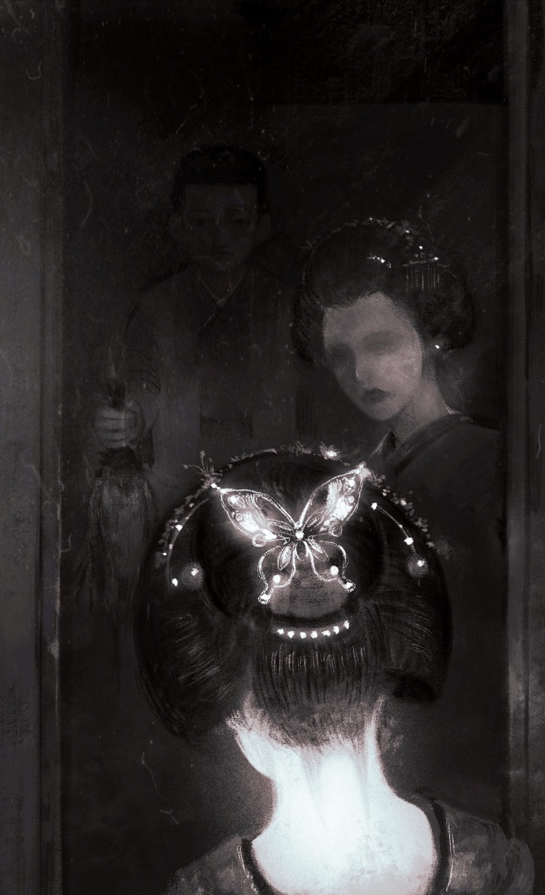 1boy 3girls animal bird butterfly_hair_ornament buzz_cut character_request doorway from_above glowing golden_kamuy greyscale hair_ornament highres holding holding_animal japanese_clothes kimono kuhuo monochrome multiple_girls nape nihongami ogata_hyakunosuke oiran portrait short_hair solo_focus updo very_short_hair