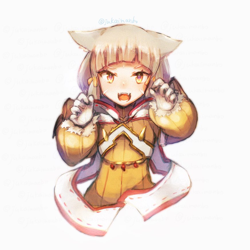 1girl :d animal_ears blush commentary_request cropped_torso fangs gloves grey_background grey_hair hands_up jumpsuit long_sleeves looking_at_viewer manbonnou nia_(xenoblade) puffy_long_sleeves puffy_sleeves red_eyes simple_background smile solo twitter_username upper_body white_gloves xenoblade_chronicles_(series) xenoblade_chronicles_2