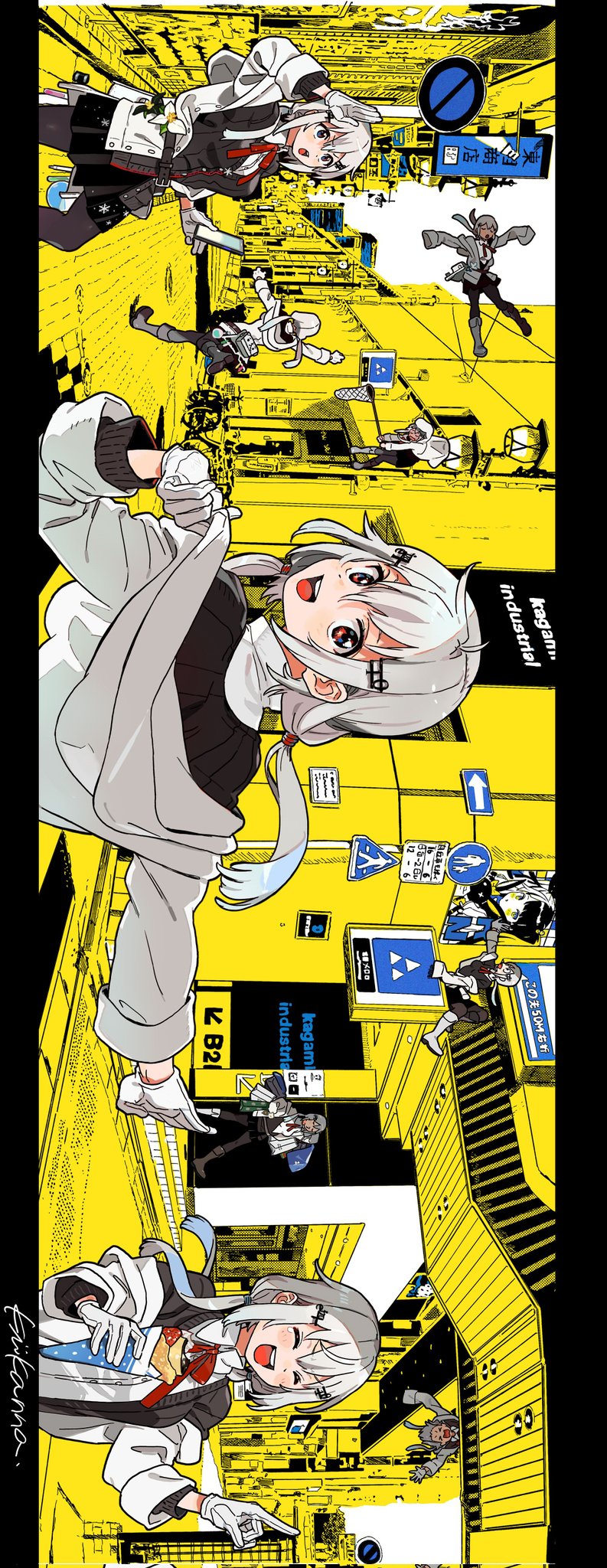 &gt;_&lt; 1girl :3 ^_^ bag bangs belt black_pantyhose black_skirt blush boots breasts butterfly_net cardigan cellphone clone closed_eyes crepe falling food gloves grey_hair hair_ornament hakase_fuyuki hand_net hand_up hanging_breasts hat highres holding holding_clothes holding_food holding_hat holding_phone hood hooded_jacket jacket kiikanna lantern long_hair looking_at_viewer low_twintails neck_ribbon nijisanji open_mouth outstretched_arm pantyhose pedestrian_crossing_sign phone pillarboxed pointing red_eyes red_ribbon ribbon road_sign running shopping_bag sidelocks sideways sign signature sitting skirt solo twintails virtual_youtuber white_gloves white_jacket yorumi_rena