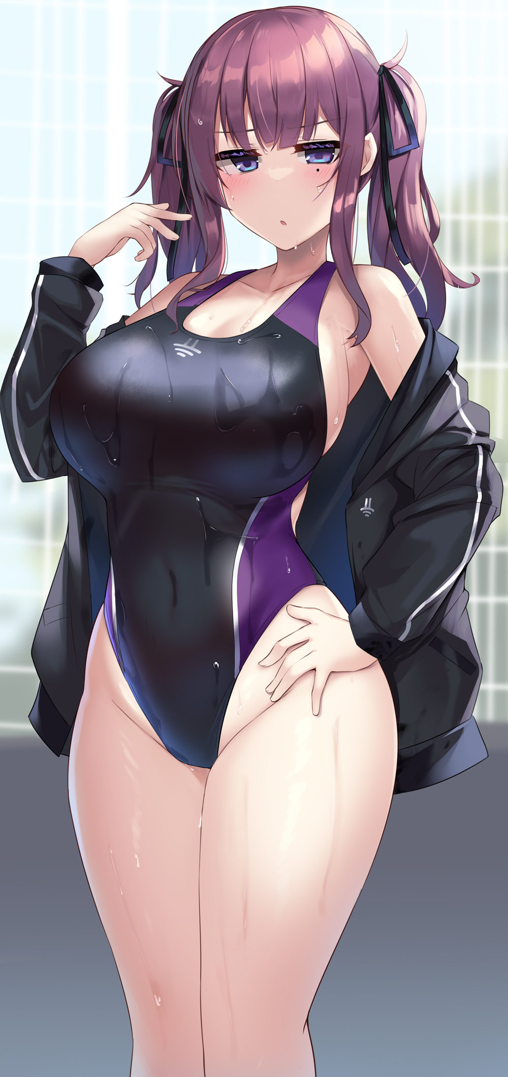 1girl black_bow black_ribbon black_swimsuit bow breasts competition_swimsuit covered_navel cowboy_shot hair_bow hand_on_hip highleg highleg_swimsuit highres jacket kutan large_breasts long_hair looking_at_viewer mole mole_under_eye multicolored_clothes multicolored_swimsuit natsuki_karin one-piece_swimsuit purple_hair ribbon solo standing swimsuit synthesizer_v twintails violet_eyes