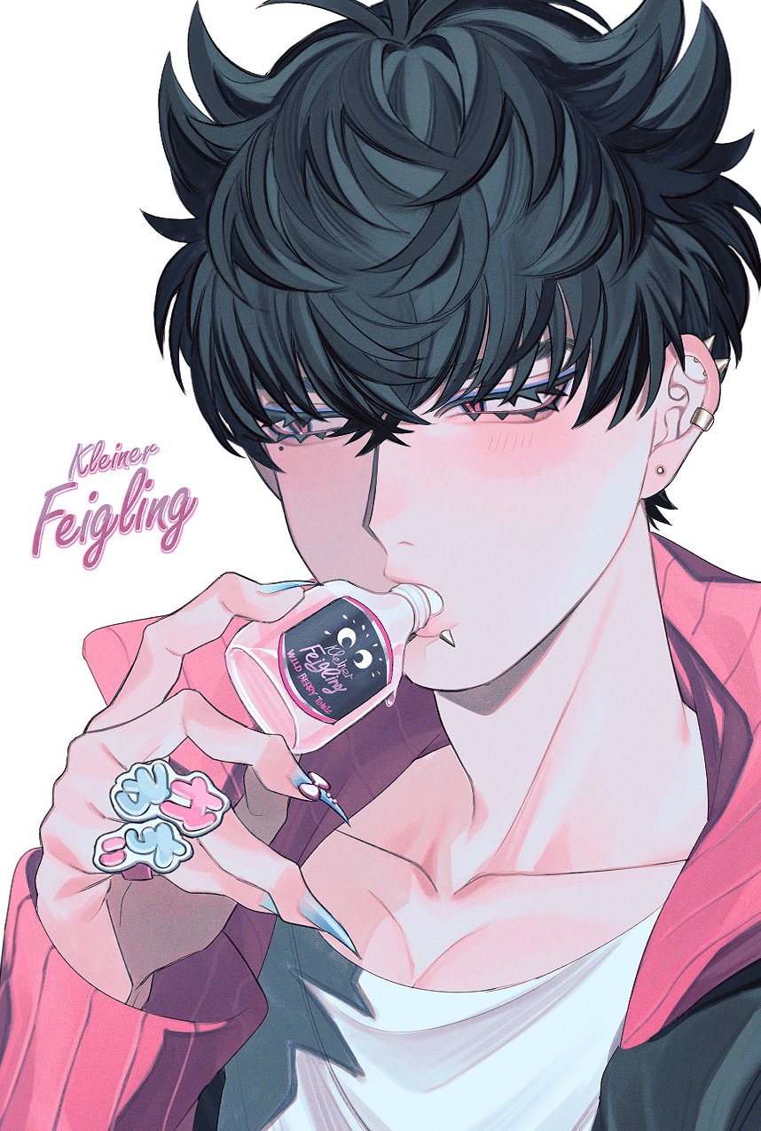 1boy ahoge black_hair black_jacket blue_nails bottle drinking ear_piercing earrings fingernails hair_ears hair_horns hand_up high_collar highres holding holding_bottle jacket jewelry kamonekm lip_piercing long_sleeves looking_to_the_side male_focus open_mouth original piercing pink_eyes pink_jacket sharp_fingernails shirt short_hair simple_background slit_pupils solo upper_body white_background white_shirt