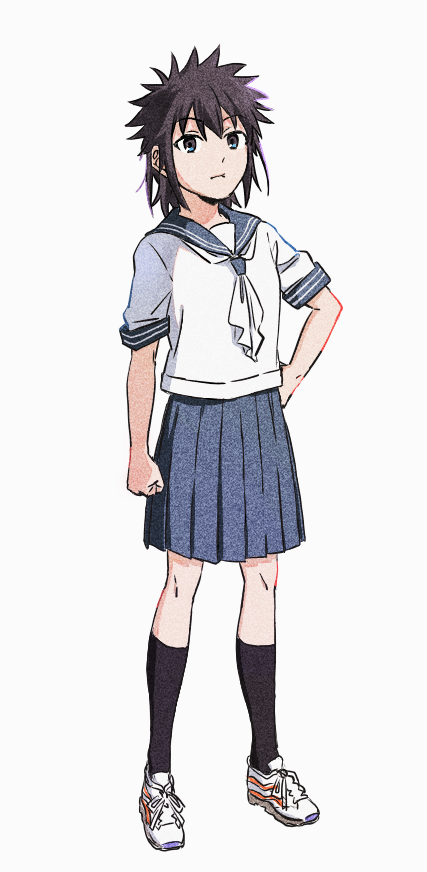 1girl bangs black_hair black_socks blue_eyes commentary_request genderswap genderswap_(mtf) grey_sailor_collar grey_skirt hand_on_hip kamijou_touma kneehighs neckerchief riyen1017 sailor_collar school_uniform serafuku shoes short_hair short_sleeves simple_background skirt sneakers socks solo spiky_hair standing toaru_majutsu_no_index white_background white_footwear white_neckerchief