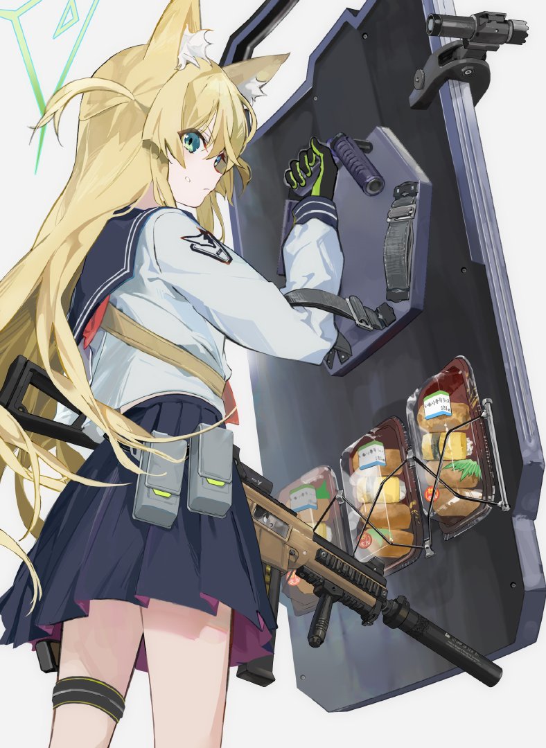 1girl animal_ears assault_rifle belt bento blonde_hair blue_archive blue_eyes character_request food fox_ears gloves gun rifle riot_shield school_uniform shield simple_background solo tactical_clothes weapon white_background wss_(32656138)