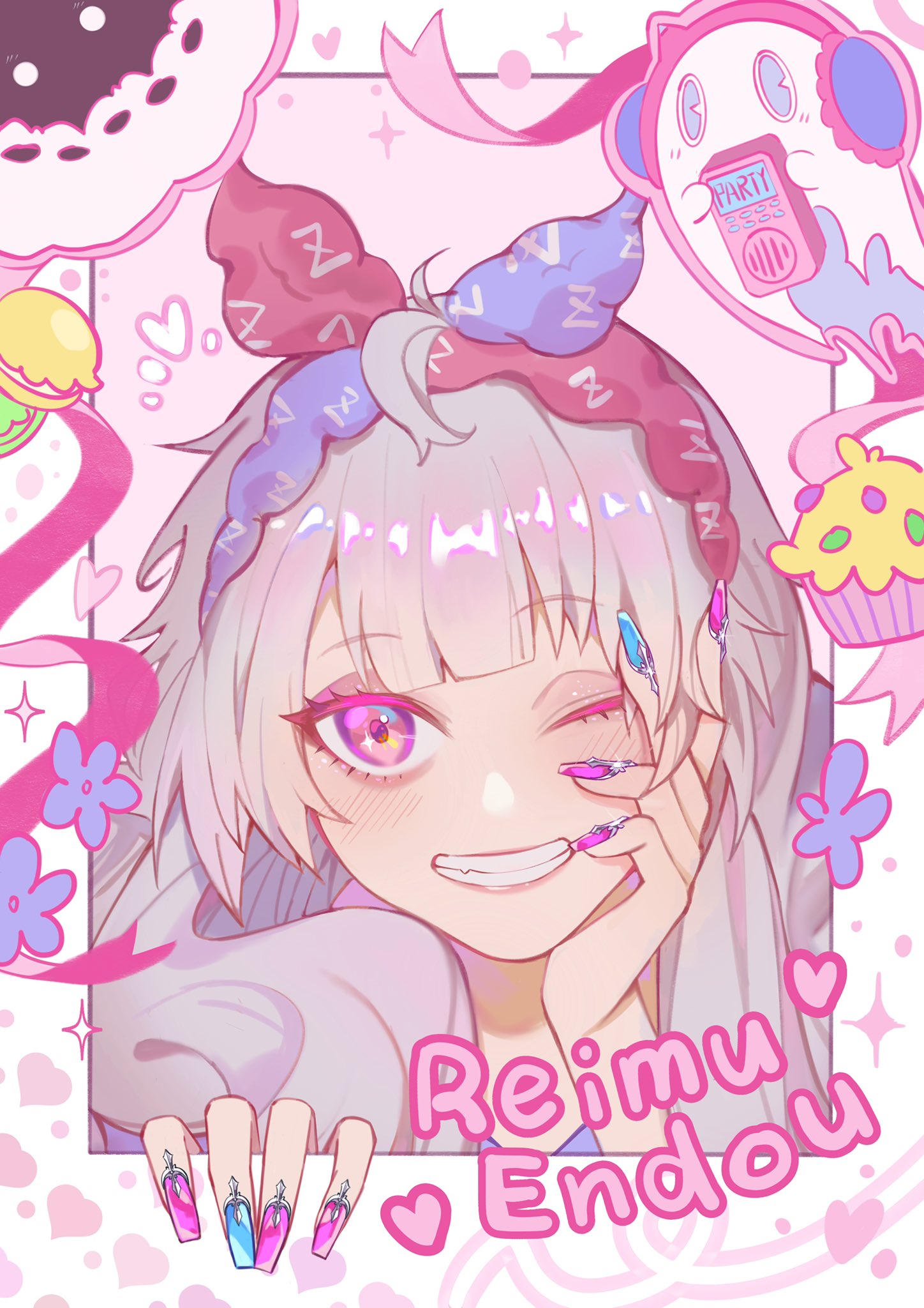 1girl bangs blue_nails cupcake flower food ghost grey_hair hair_ribbon hand_on_own_cheek hand_on_own_face headphones heart highres looking_at_viewer nail_polish nijisanji nijisanji_en pink_eyes pink_nails poppi_(reimu_endou) portrait purple_flower reimu_endou ribbon smile solo virtual_youtuber ye_lan_qiu