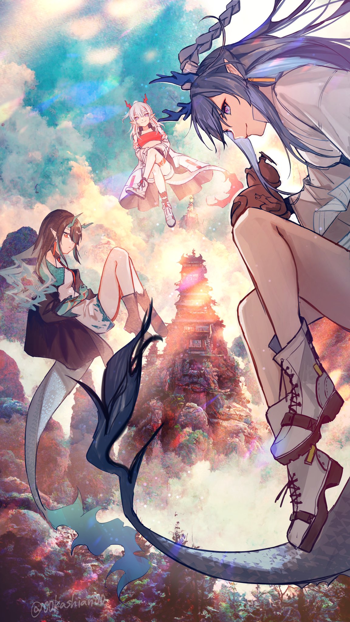 00kashian00 3girls architecture arknights black_hair blue_hair crossed_legs dragon_horns dragon_tail dress dusk_(arknights) earrings east_asian_architecture flying gourd highres horns jewelry ling_(arknights) long_coat long_hair mountain multiple_girls necktie nian_(arknights) pointy_ears red_eyes smile tail twitter_username violet_eyes white_hair