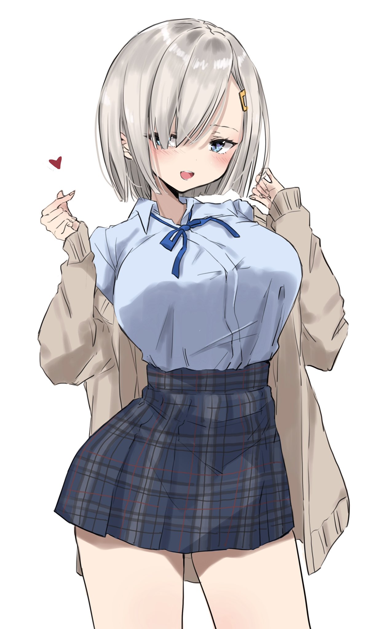 1girl alternate_costume black_skirt blue_eyes blue_shirt breasts brown_cardigan cardigan chigasaki_yukari collared_shirt commentary_request contrapposto cowboy_shot gesture hair_ornament hair_over_one_eye hairclip hamakaze_(kancolle) highres kantai_collection large_breasts plaid plaid_skirt pleated_skirt school_uniform shirt short_hair simple_background skirt skirt_hold smile solo white_background white_hair