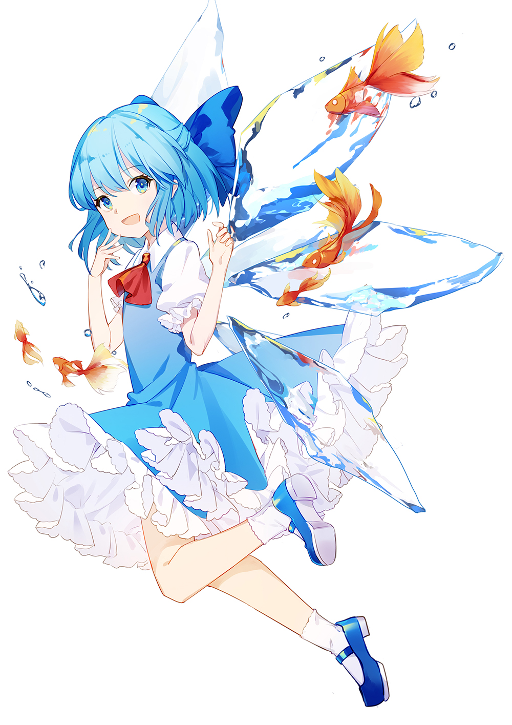 1girl :d ascot bangs blue_bow blue_dress blue_eyes blue_footwear blue_hair bow cirno collared_shirt commentary dress fish frilled_sleeves frills full_body ginryuu goldfish hair_bow hand_to_own_mouth hands_up highres ice ice_wings looking_at_viewer mary_janes medium_hair open_mouth petticoat pinafore_dress puffy_short_sleeves puffy_sleeves red_ascot shirt shoes short_sleeves simple_background smile socks solo symbol-only_commentary touhou water white_background white_shirt white_socks wings