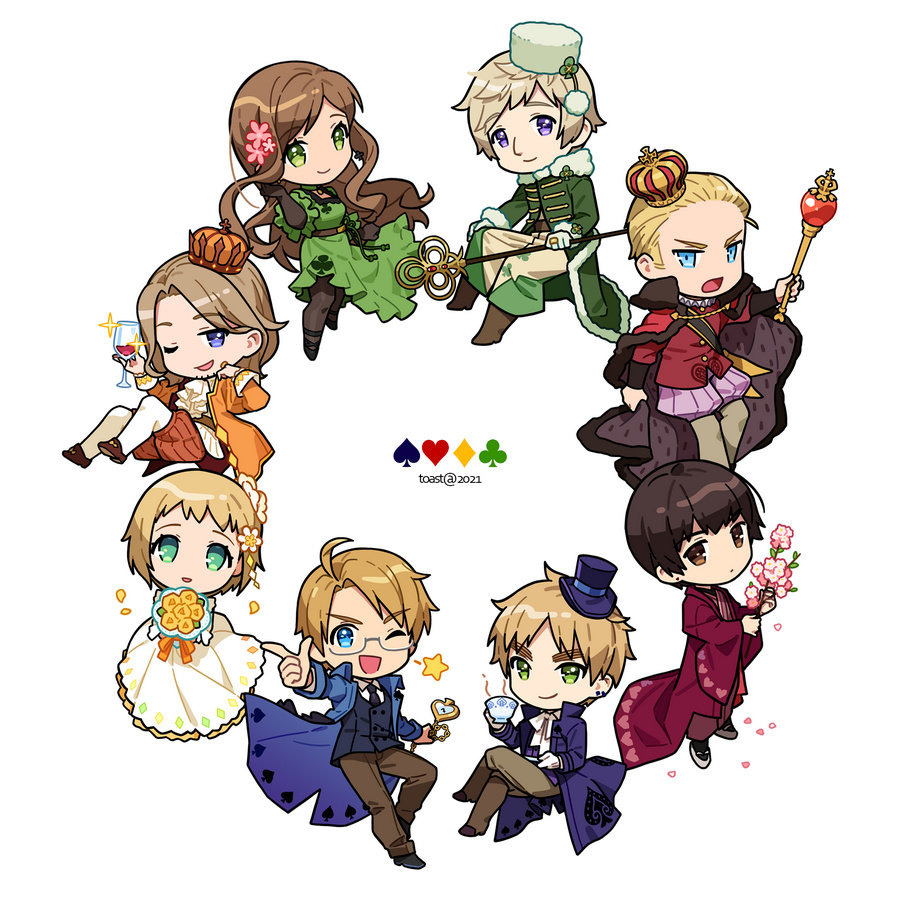 2girls 6+boys :d alcohol alternate_costume alternate_universe america_(hetalia) arm_up artist_name axis_powers_hetalia big_nose black_hair black_pantyhose blonde_hair blue_eyes bouquet breasts brown_eyes brown_hair cape cherry_blossoms chibi clover clover_print coat commentary crown cup diamond_(shape) dress drinking_glass flower france_(hetalia) fur-trimmed_cape fur-trimmed_coat fur_trim germany_(hetalia) green_dress green_eyes hand_on_hip hand_on_own_cheek hand_on_own_face hat heart holding holding_bouquet holding_cup holding_flower holding_staff hungary_(hetalia) japan_(hetalia) japanese_clothes kimono liechtenstein_(hetalia) littleb623 long_hair looking_at_another medium_breasts multiple_boys multiple_girls one_eye_closed open_mouth pantyhose pointing pointing_up pom_pom_(clothes) print_dress puffy_pants red_cape red_kimono russia_(hetalia) short_hair sitting smile spade_(shape) staff symbol-only_commentary tareme teacup thick_eyebrows top_hat united_kingdom_(hetalia) violet_eyes white_background white_dress wine wine_glass