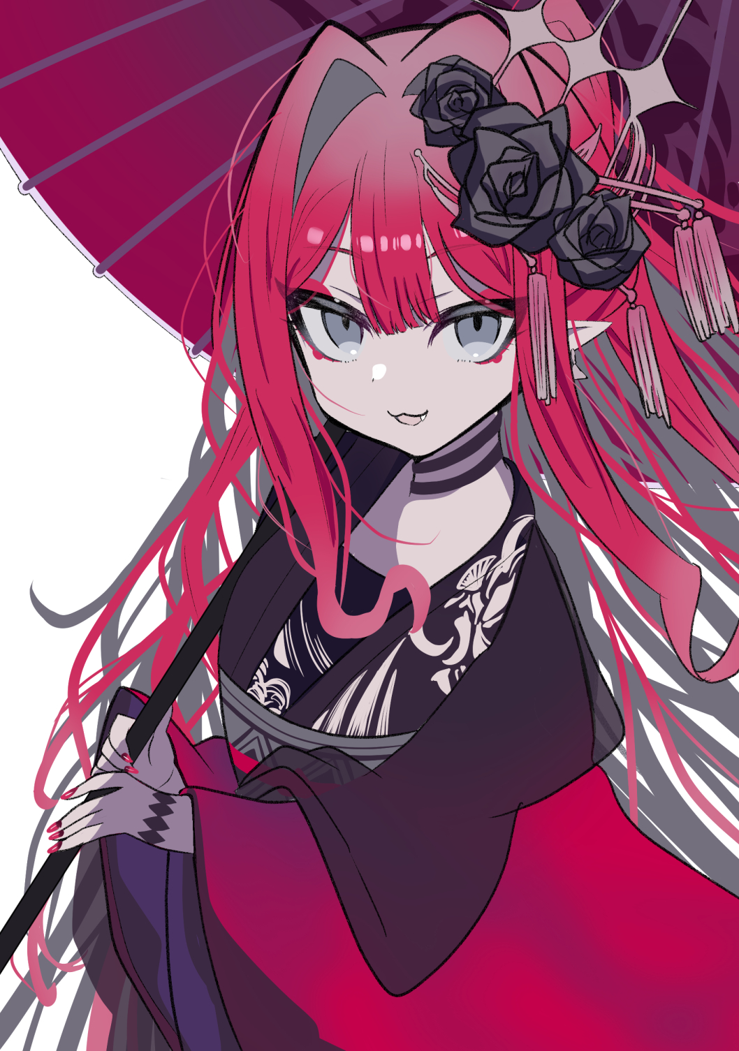 1girl black_flower black_rose fairy_knight_tristan_(dream_portrait)_(fate) fairy_knight_tristan_(fate) fate/grand_order fate_(series) fingernails flower grey_eyes hair_flower hair_ornament highres holding holding_umbrella iii_(pixiv27971399) japanese_clothes kimono limited_palette long_hair looking_at_viewer official_alternate_costume oil-paper_umbrella pointy_ears red_nails redhead rose simple_background smile solo umbrella upper_body white_background yukata