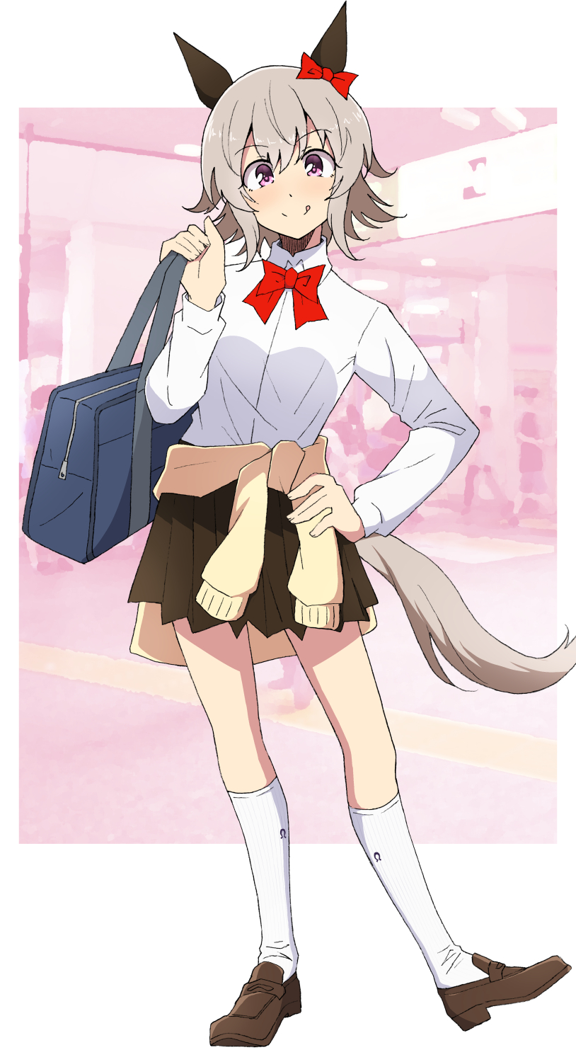 1girl alternate_costume animal_ears bag bangs black_skirt bow bowtie brown_footwear closed_mouth clothes_around_waist collared_shirt curren_chan_(umamusume) full_body grey_hair hand_on_hip hand_up highres holding holding_bag horse_ears horse_girl horse_tail kneehighs loafers long_sleeves looking_at_viewer nel-c pleated_skirt red_bow red_bowtie school_bag shirt shoes short_hair skirt socks solo split_mouth standing tail tongue tongue_out umamusume violet_eyes white_skirt white_socks
