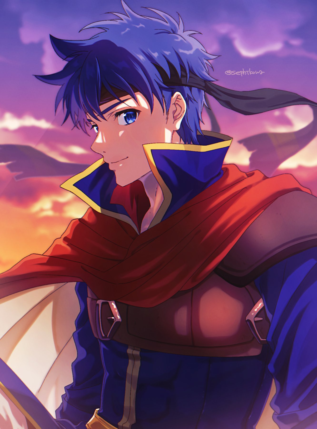 1boy armor bangs black_headband blue_eyes blue_hair cape closed_mouth commentary evening fire_emblem fire_emblem:_path_of_radiance headband highres ike_(fire_emblem) looking_at_viewer male_focus outdoors red_cape sephikowa sky solo twitter_username upper_body