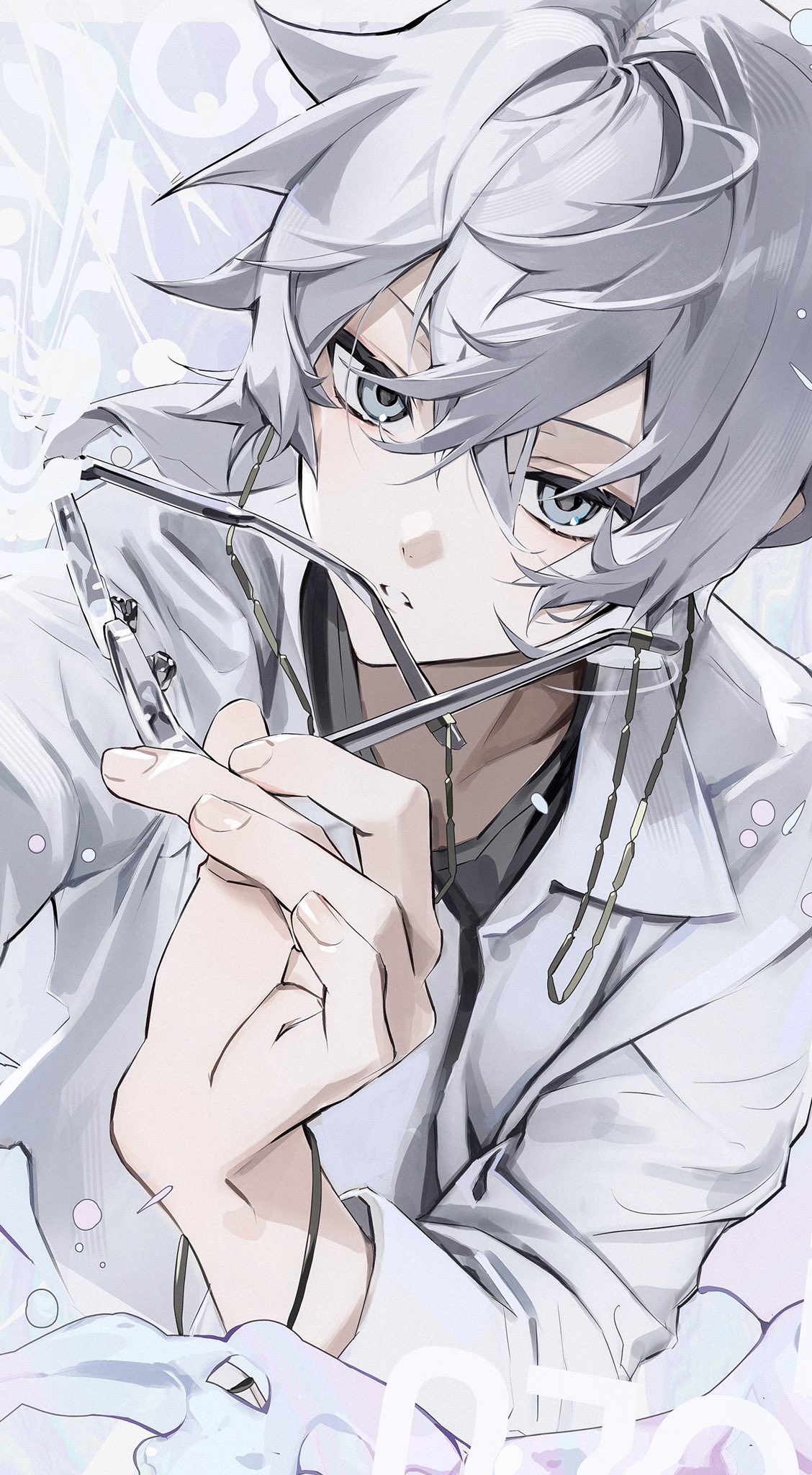 1boy bangs black_shirt collarbone collared_jacket commentary covered_collarbone crossed_bangs expressionless eyewear_removed eyewear_strap fingernails glasses grey_eyes grey_hair hair_between_eyes hand_up highres holding holding_eyewear jacket keki_chogyegi long_sleeves looking_at_viewer male_focus niconico open_clothes open_jacket parted_lips shirt short_hair sidelocks solo sou_(niconico) symbol-only_commentary upper_body utaite_(singer) white_jacket